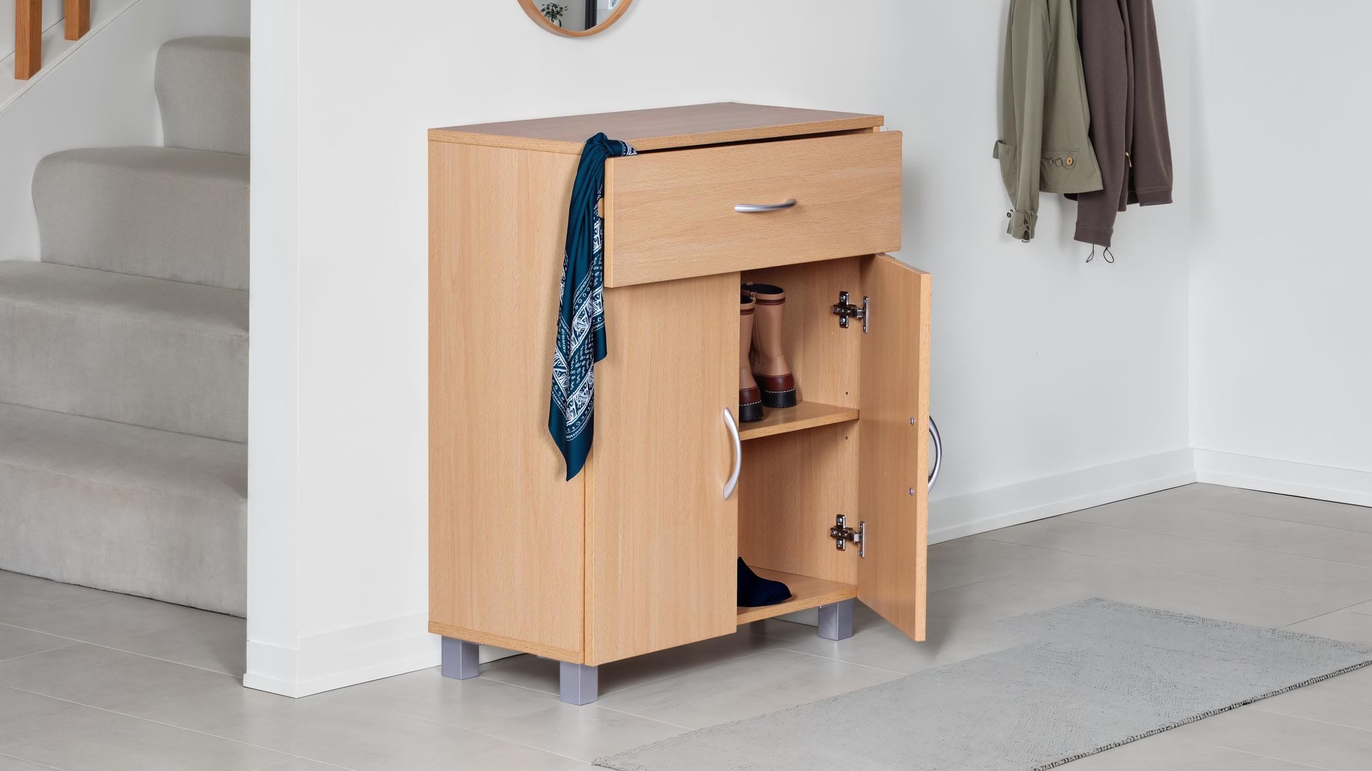 Wohnling Schuhkommode WL7.786 Schuhschrank Buche Optik 60 cm mit Schublade und 2 Türen (Schuhschrank Buche 60 cm, Platzsparend Modern), Flurkommode, Schuhregal Flurschrank mit Ablage