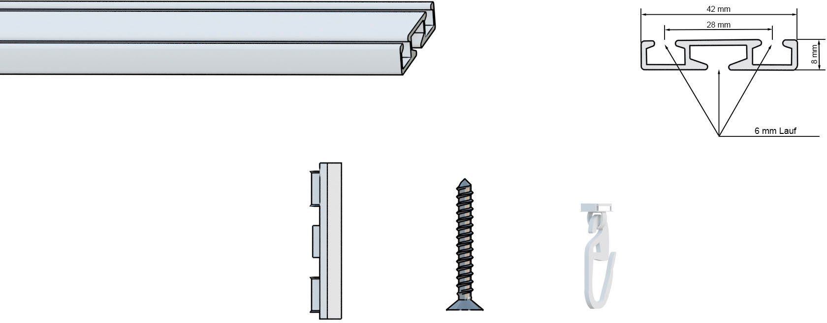 indeko Vorhangschiene Wendeschiene, 2-läufig, Aluminium, Innenlaufschiene 1- bis 4-läufig, Wunschmaßlänge