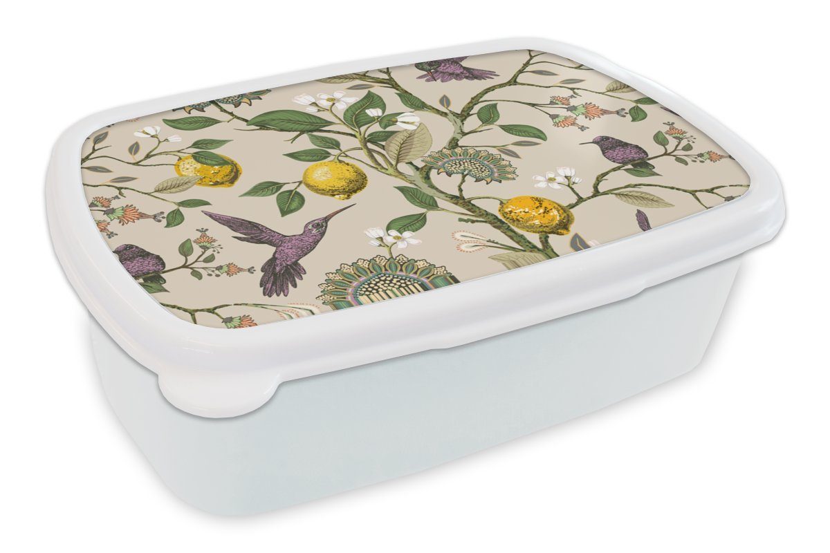 MuchoWow Lunchbox Muster - Vogel - Pflanzen - Obst, Kunststoff, (2-tlg), Brotbox für Kinder und Erwachsene, Brotdose, für Jungs und Mädchen weiß