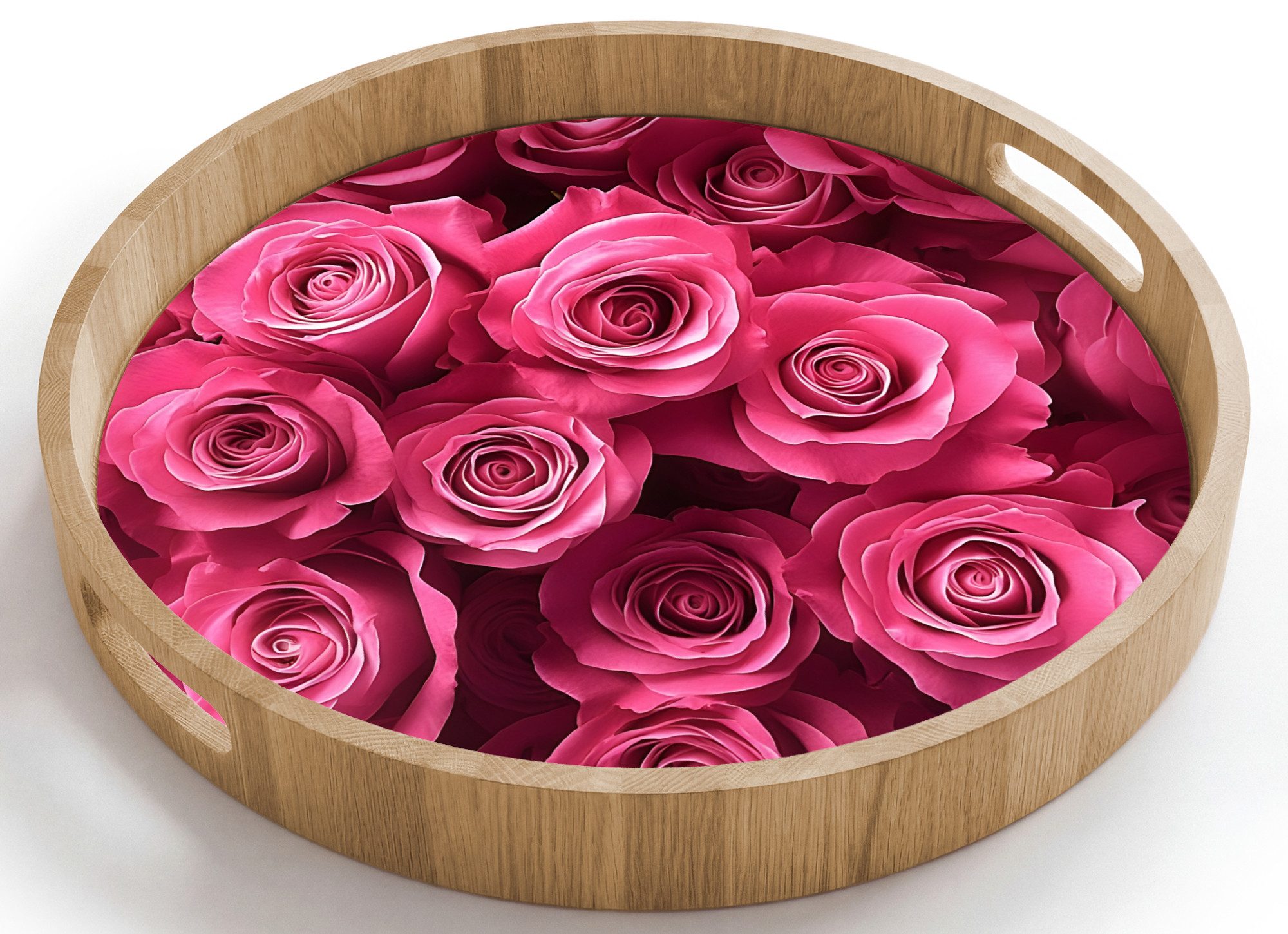 OnlyWow Tablett Rund mit Henkel Rosen - Rosa - Blume, Eichenholz, (1-tlg), Siervierplatte, Tray, Frühstücksbrett