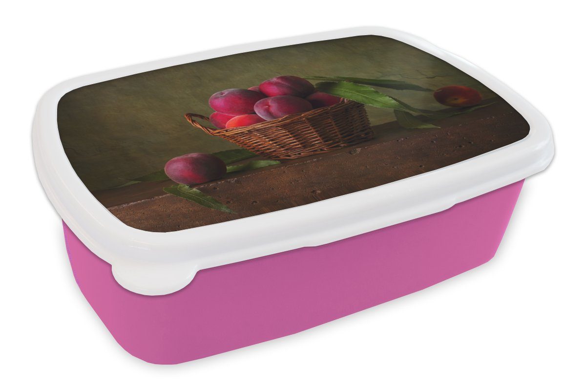 MuchoWow Lunchbox Brotdose für Kunststoff, - Kinder, Brotbox Pflaume Obst Erwachsene, - - Stilleben, Snackbox, Rosa - Mädchen, Kunststoff Rustikal Korb - (2-tlg)