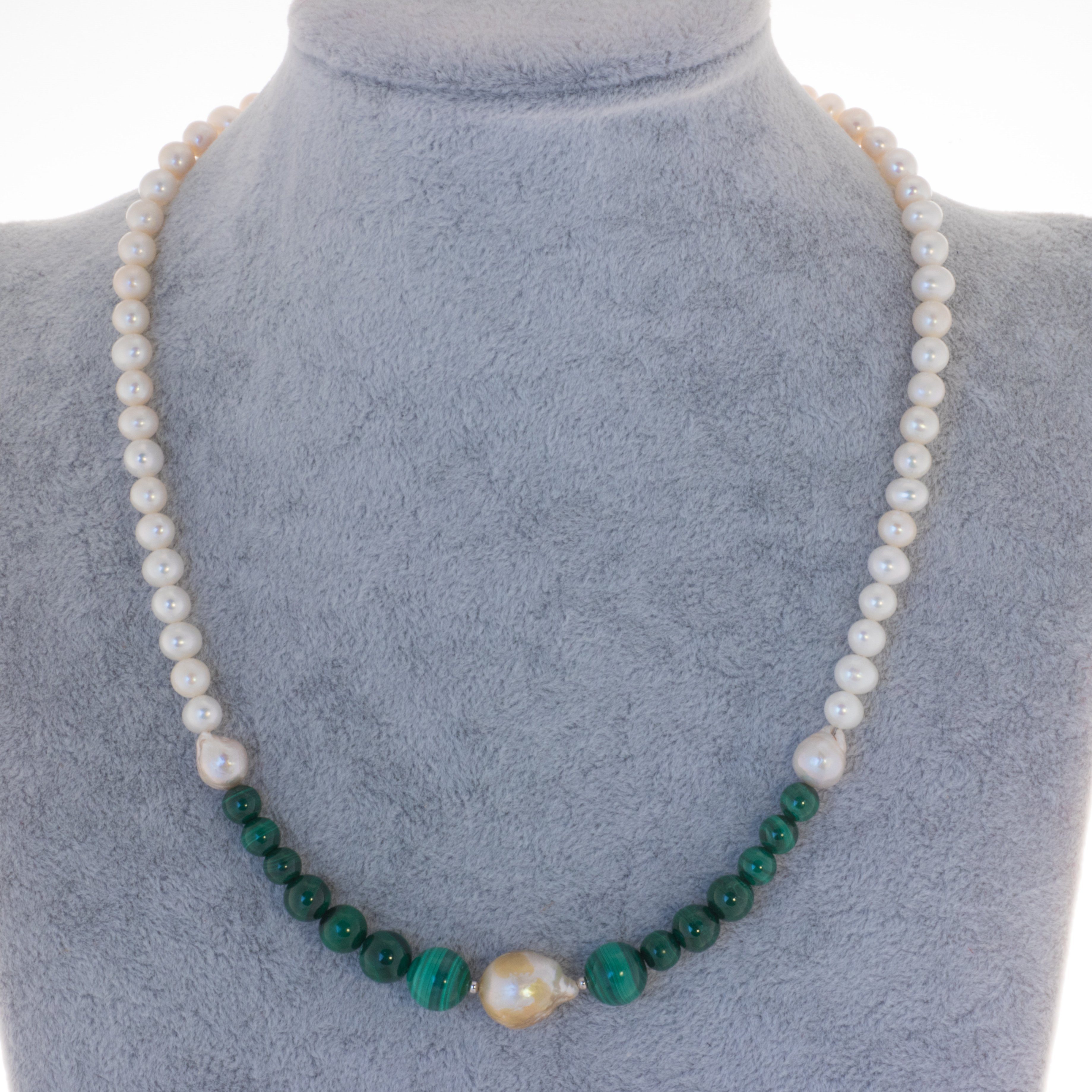 Damen Schmuck Bella Carina Perlenkette Malachit und Süßwasser Perlen, Süßwasser Perlen und Malachit