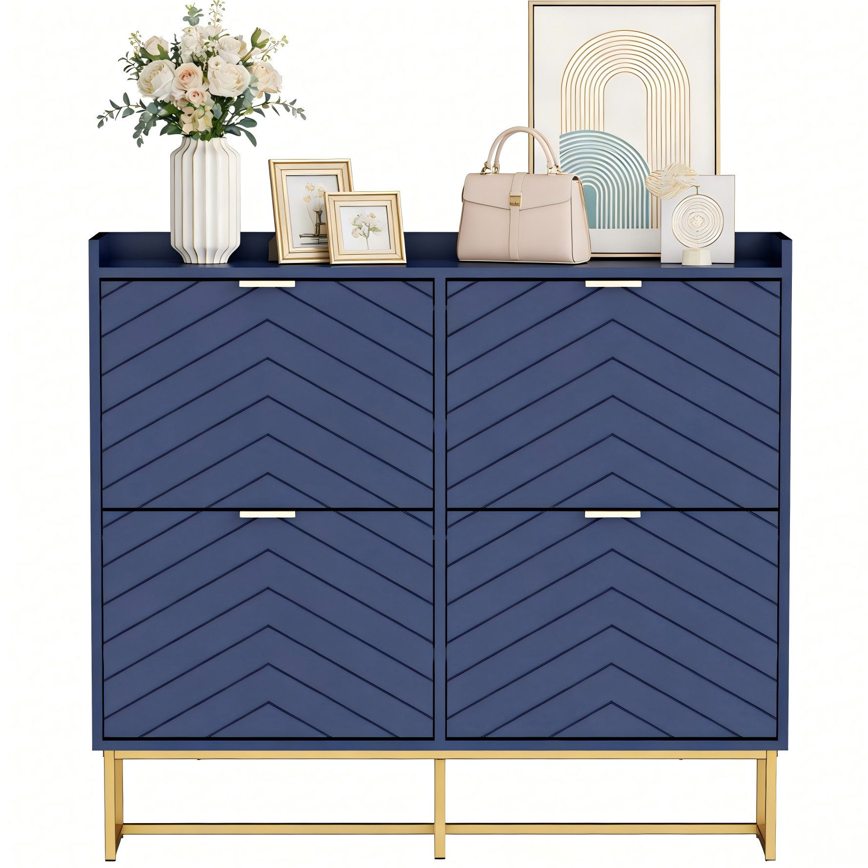 UEV Schuhschrank mit 4 Klappen, Schuhkipper Schmal, Schuhregal mit Metallfüße weiß (Packung, Modern Schuhaufbewahrung mit Oberplatte Schuhkommode mit Kippsicherung) trennwände verstellbar und abnehmbar für verschiedene Schuhtypen