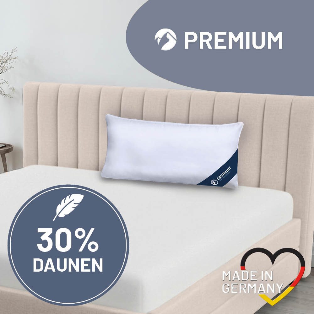 casimum Daunenkissen PREMIUM Daunenkissen 80x80, Kissen 40x80, hergestellt in Deutschland, Füllung: 70 % Federn / 30 % Daunen, Klasse 1, Downpass zertifiziert, Bezug: 100 % Baumwolle, Rückenschläfer, Seitenschläfer, hergestellt in Deutschland, für Allergiker geeignet, 80x80cm & 40x80cm