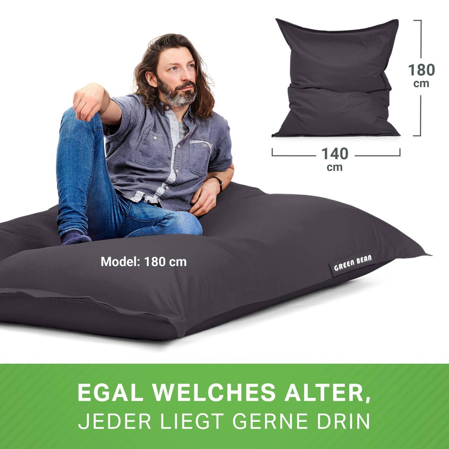 Green Bean Sitzsack XXL Outdoor Sitzsack Square 140x180cm (XXL Riesensitzsack 140x180cm 380 Liter Kinder & Erwachsene Bean Bag EPS Perlen Füllung, Groß Draußen  – Bild 5 von 5