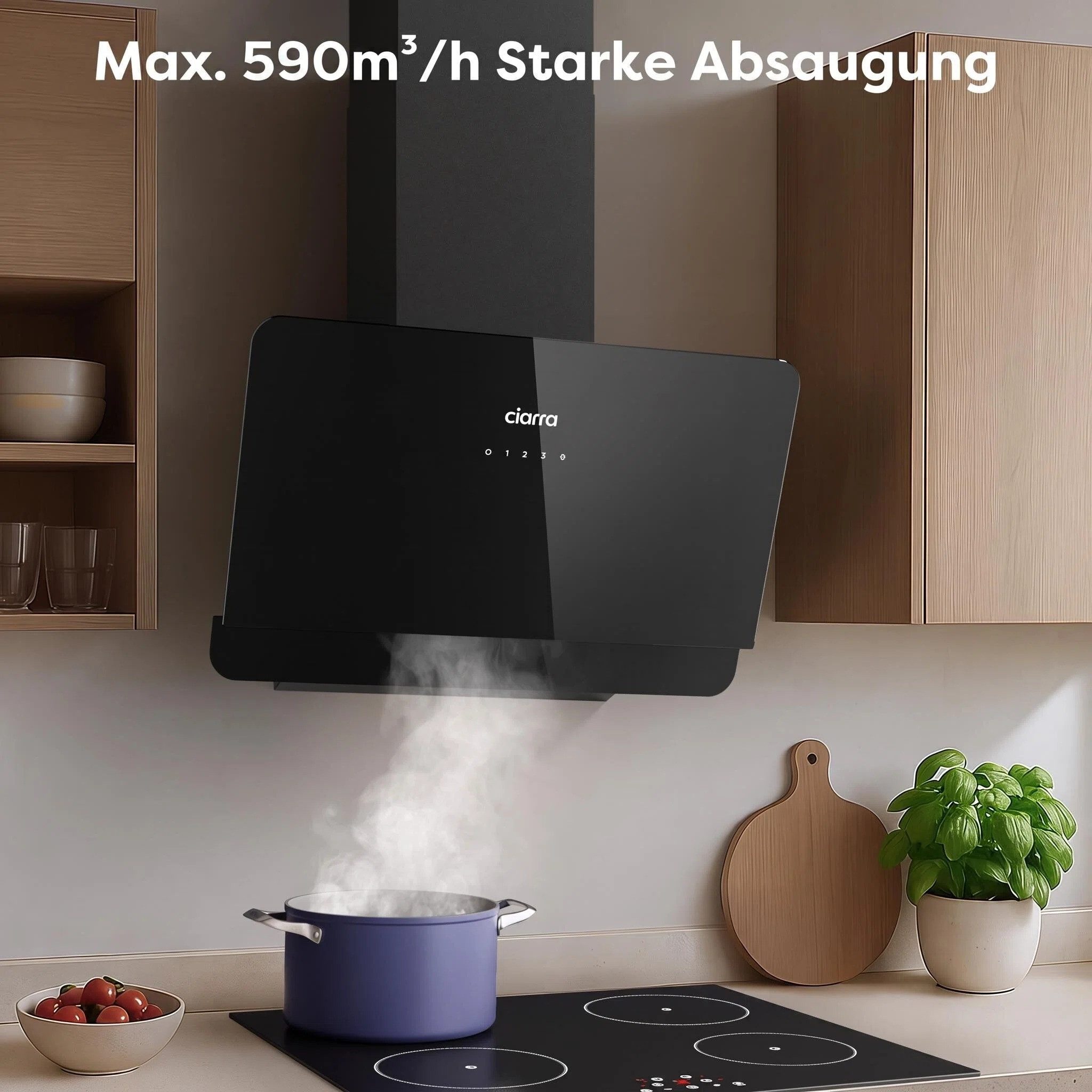 CIARRA Kopffreihaube 60 cm Dunstabzugshaube A+ 590 m³/h SensorTouch 3 Stufen VM6765CB 60 cm Dunstabzugshaube A+ 590 m³/h SensorTouch 3 Stufen VM6765CB, Leise Schräghaube 60 cm mit Aktivkohlefiltern, Fettfiltern Schwarz