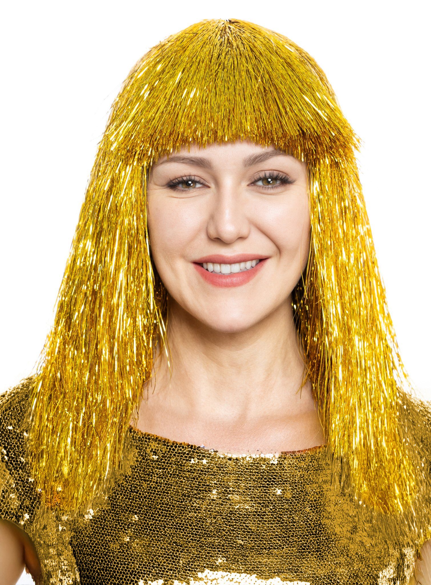 Maskworld Kostüm-Perücke Lametta Perücke gold, Metallisch glitzerndes Kunsthaar für Silvester, Club oder Festival