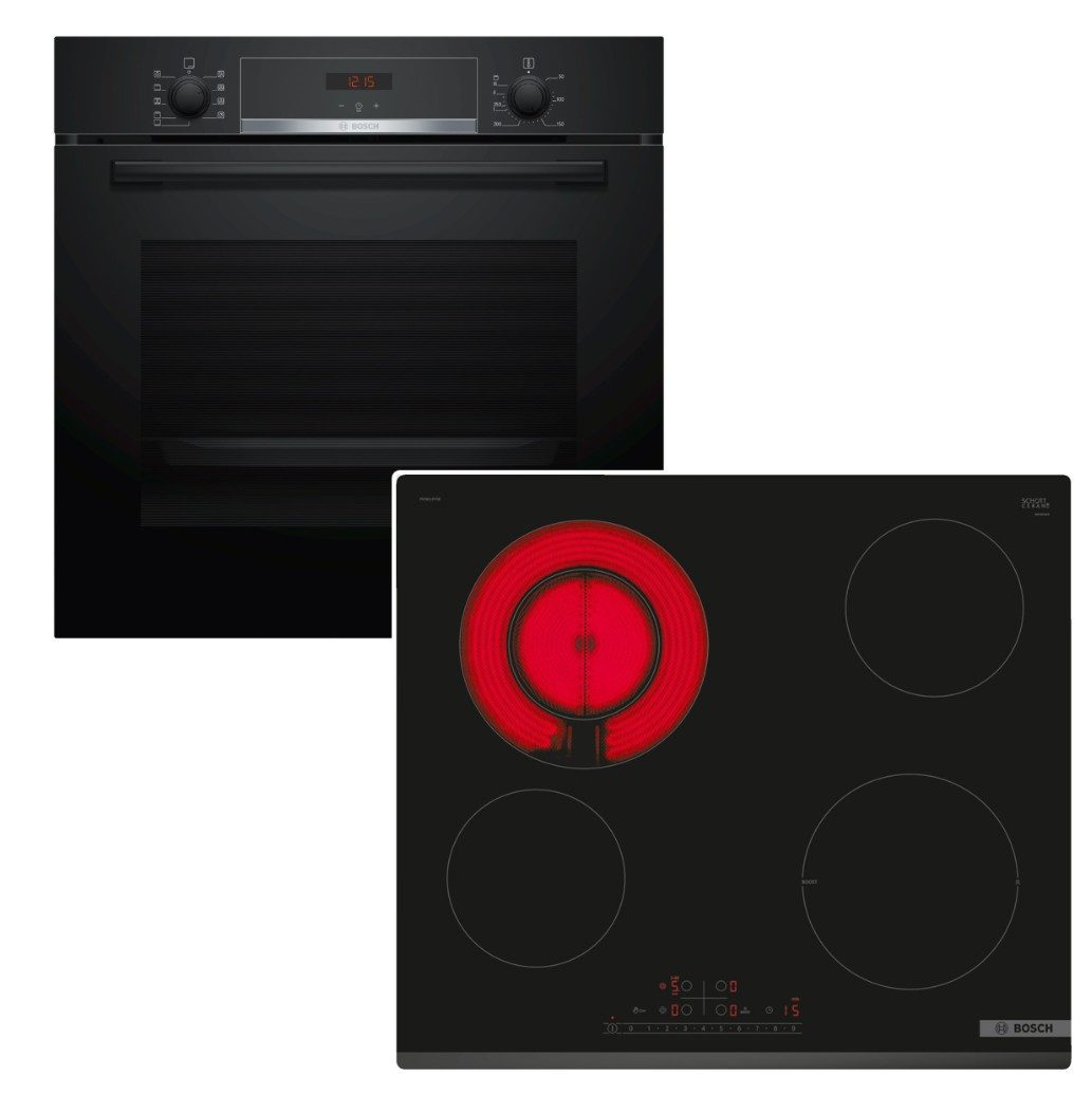 BOSCH Backofen-Set Hydrolyse Teleskopauszug+ Elektrokochfeld DirectSelect PowerBoost, mit 1-fach Teilauszug, Hydrolyse EcoClean Direct