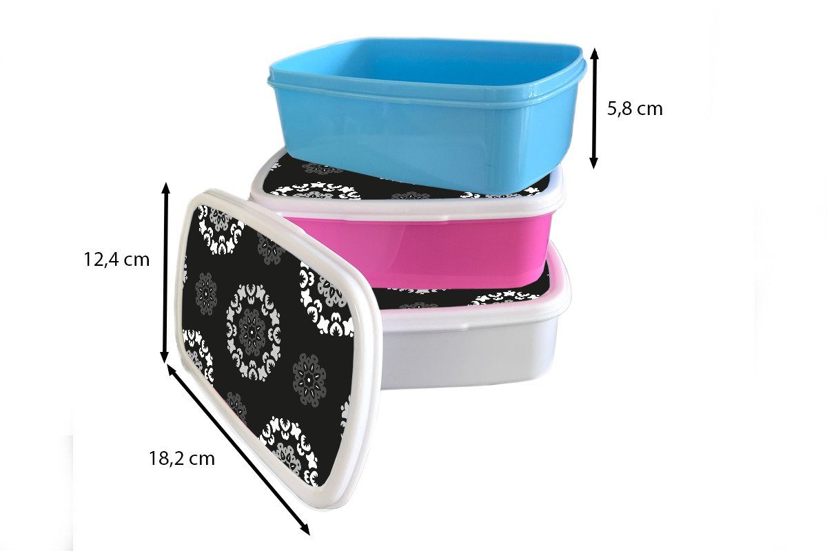 Schwarz - (2-tlg), Lunchbox MuchoWow rosa Erwachsene, für Muster Weiß, Brotbox - Brotdose Snackbox, Kunststoff, Mandala und Mädchen, Kinder, Kunststoff