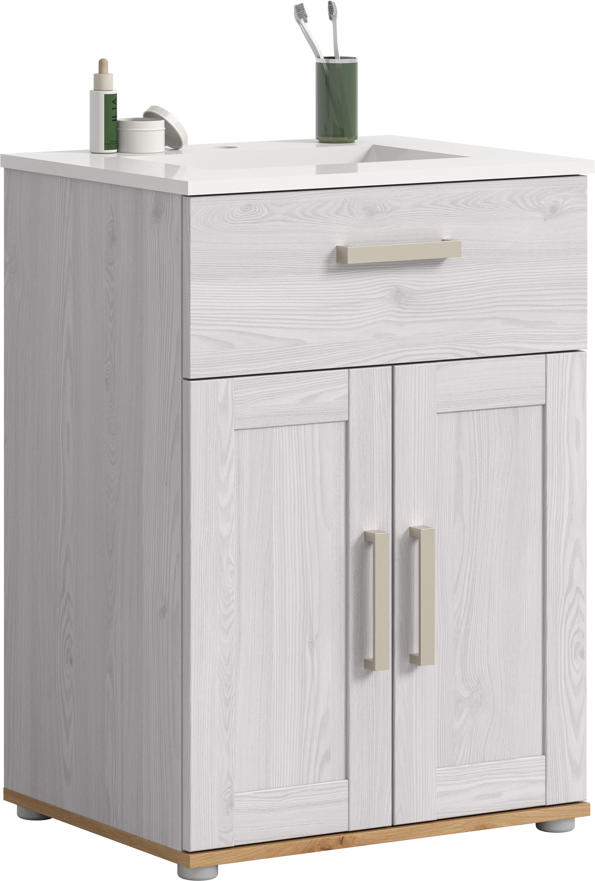 welltime Waschtisch COSENZA, inkl. Keramik-Waschbecken, 2 Türen, 1 Schubkasten (2-St., in Landhausoptik, mit weiteren Artikel der Serie kombinierbar), Waschbecken, Waschbeckenschrank, Badezimmer, Bad, Waschtisch, Kommode
