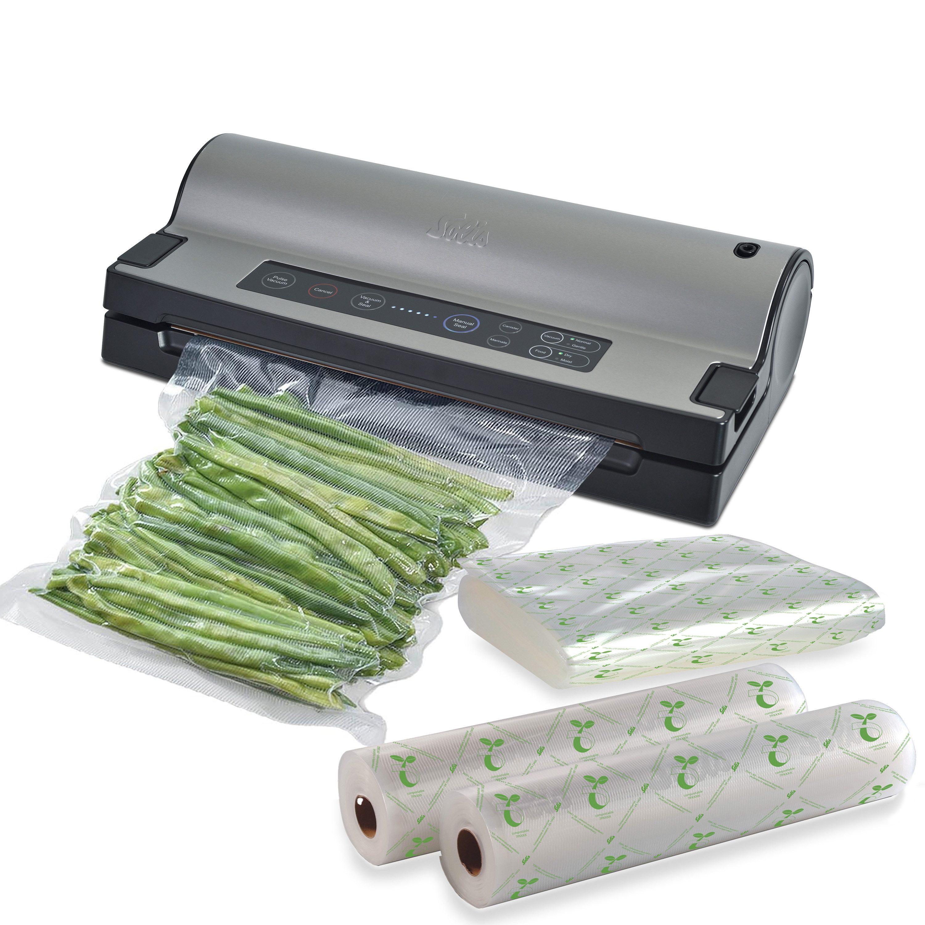 SOLIS OF SWITZERLAND Вакуумні пакувальники Vac Prestige, Typ 575, Vorteilspack, Rollenbreite 30 cm, 130W, 2,5 mm Schweißnaht, Marinierfunktion, inkl. 60 Beutel & 4 Rollen