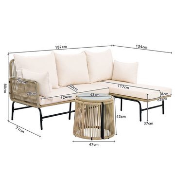HAUSS SPLOE Gartenlounge-Set mit Eisengestell und Seilbezug, L-förmiges Lounge mit Tisch, Beige