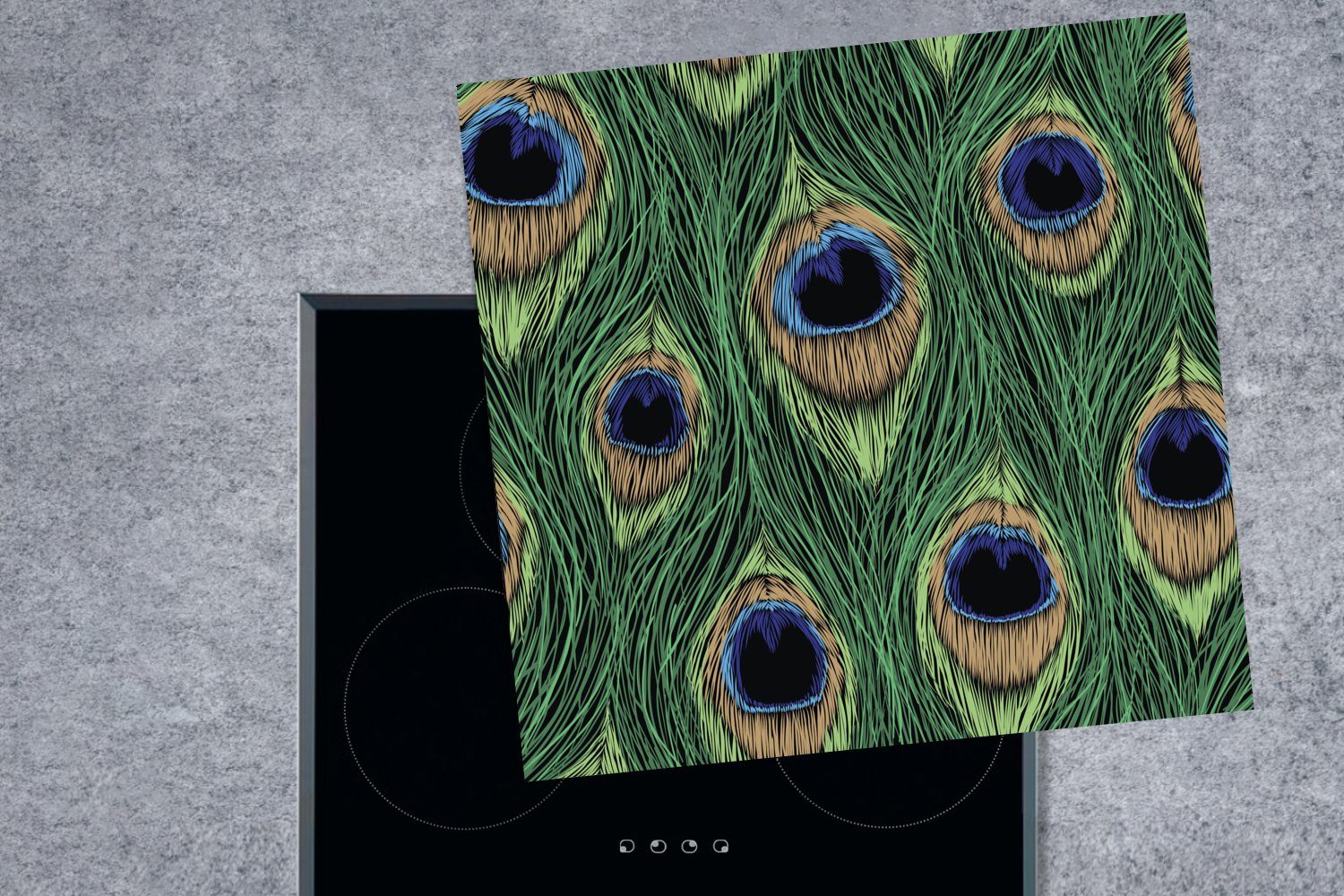 küche - Vinyl, Arbeitsplatte - Pfau Federn, 78x78 cm, für (1 Muster Ceranfeldabdeckung, Herdblende-/Abdeckplatte tlg), MuchoWow