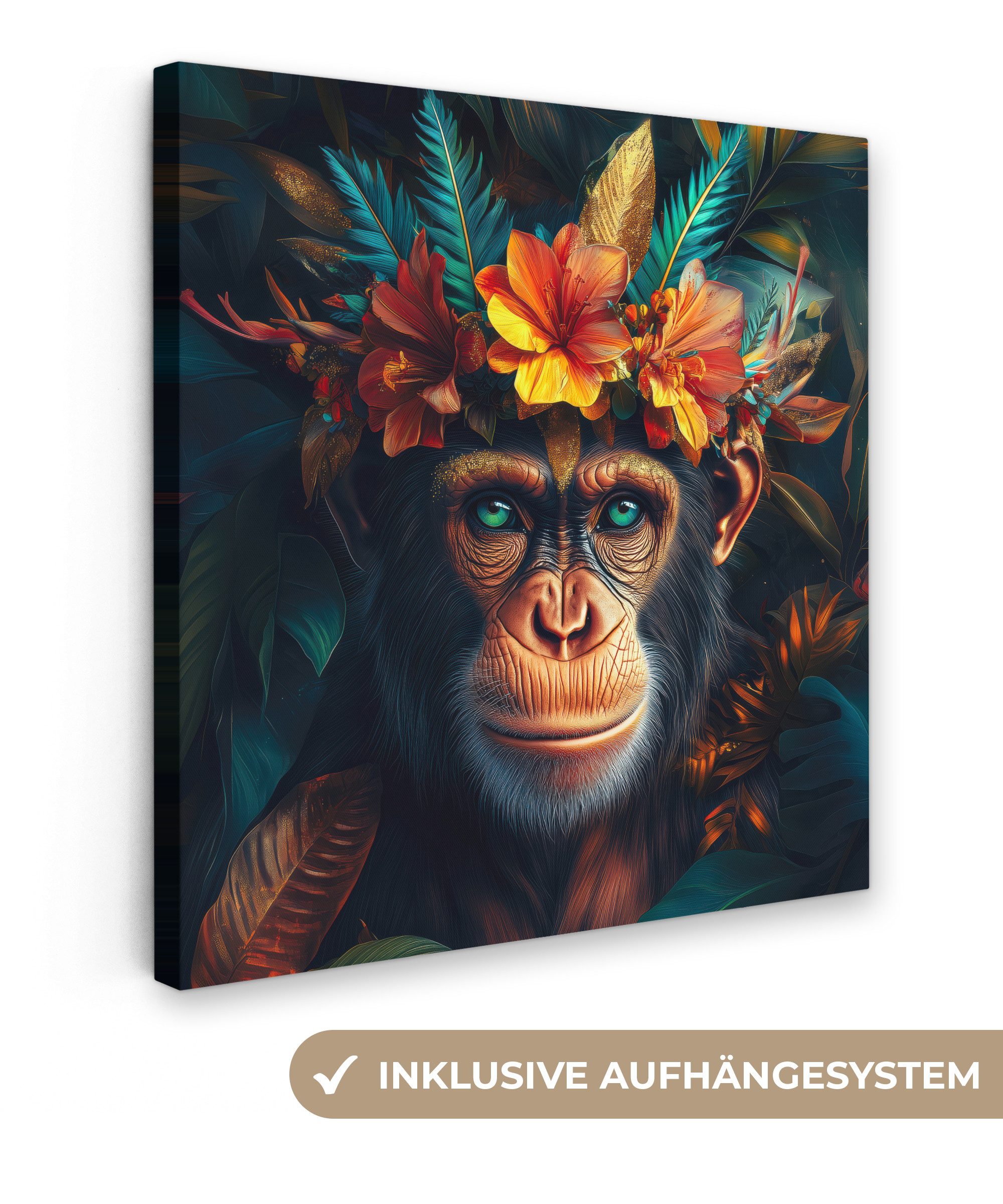 OneMillionCanvasses® Leinwandbild Schimpanse - Affe - Dschungel - Blumen - günstig online kaufen