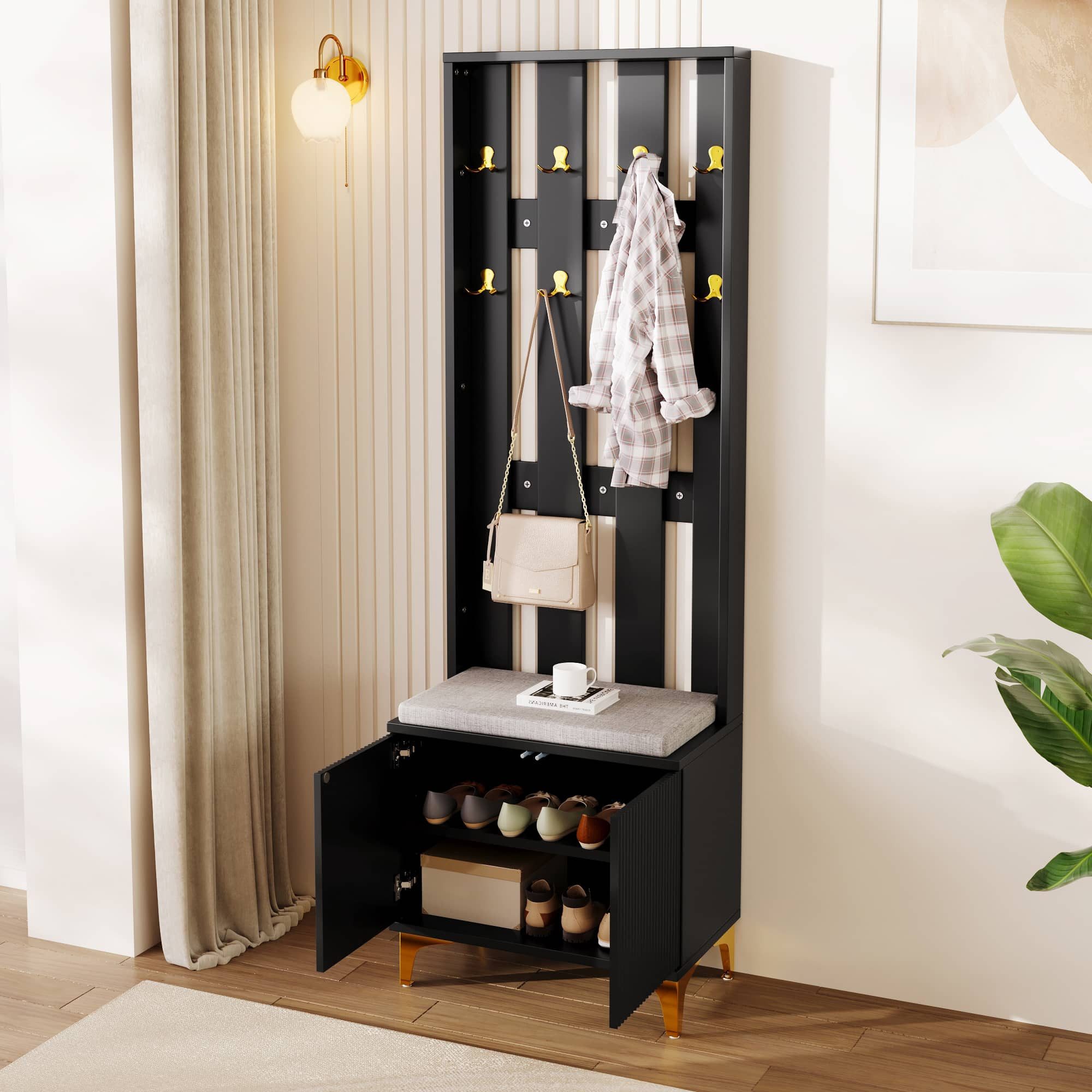 BBWL Garderobenleiste Garderobenset mit Schuhbank, grauem Kissen & goldenen Haken (180 cm hoch, Push-to-Open-Tür mit Wellenstruktur, verstellbare Regale, Soft-Close-Scharniere – Stilvolle Flurgarderobe mit Stauraum & Sitzgelegenheit, modernes Design mit goldfarbenen Details, 60,5 cm breit, 60 kg belastbar)