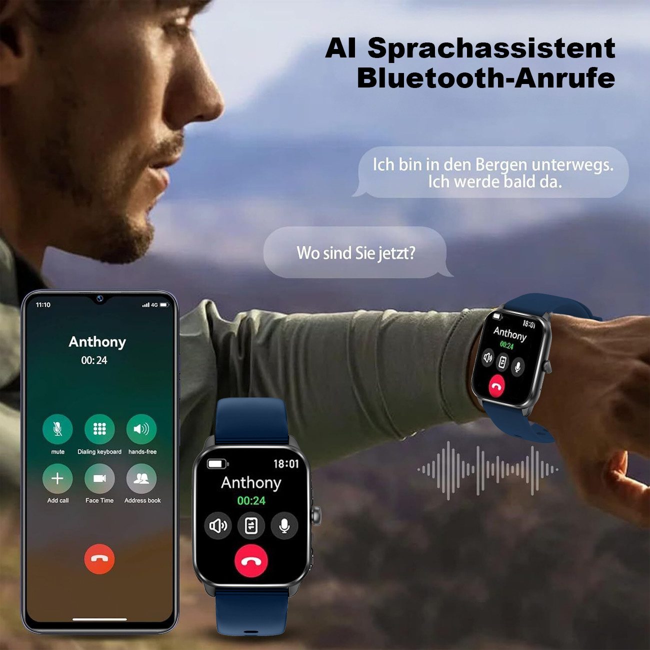 ANYSUN Smartwatch Herren Damen, mit Telefonfunktion Smartwatch (1,85 Zoll, TFT-Volltouch) 110+ Sportmodi Sportuhr mit Schrittzähler/Herzfrequenzmonitor, /Schlafmonitor, IP68 Wasserdicht Fitnessuhr für iOS Android
