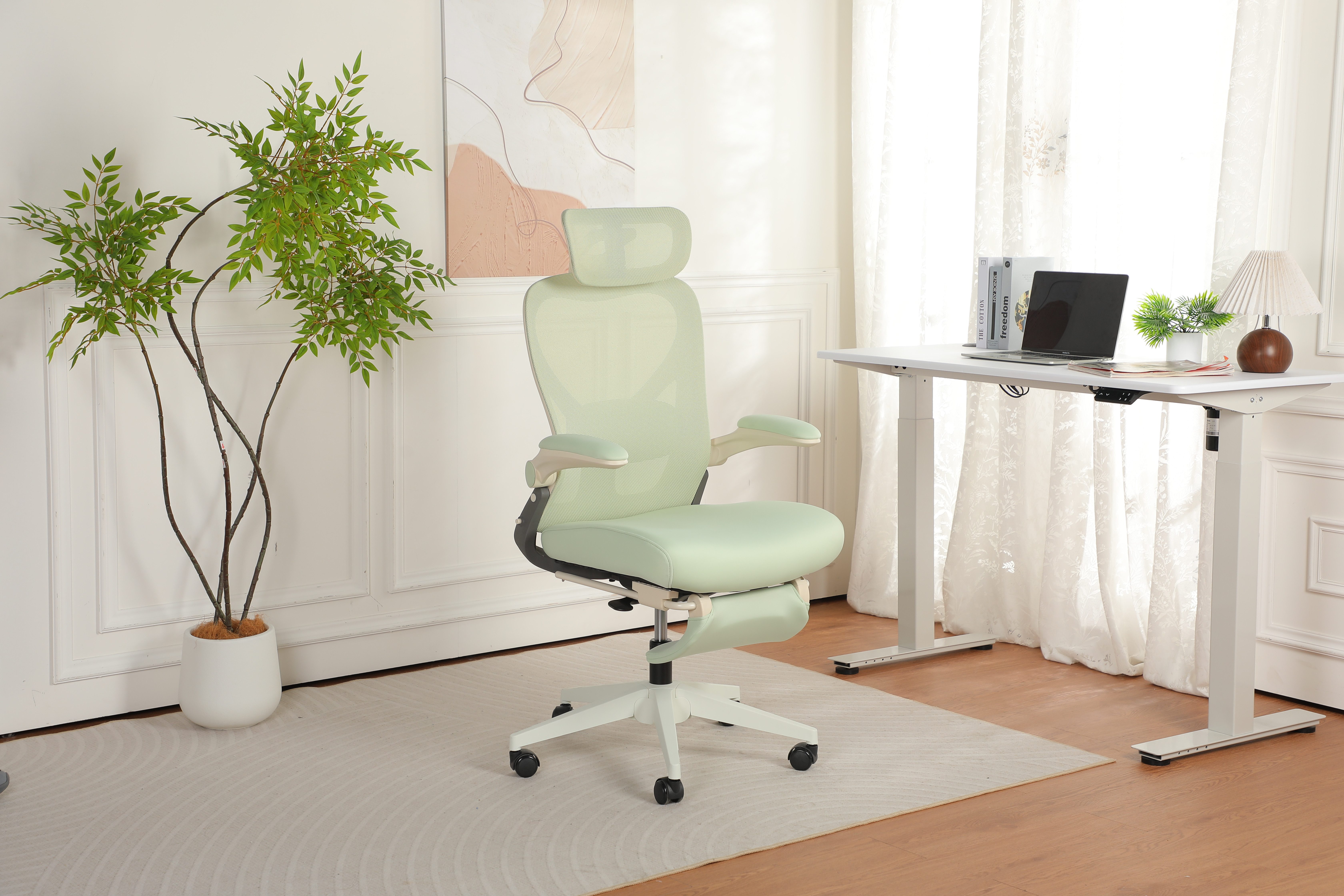 Vankel Bürostuhl Ergonomischer Drehstuhl mit Fußstütze, Kopfstütze & Lordosenstütze, Klappbarer Schreibtischstuhl mit Mesh-Rückenlehne für Homeoffice