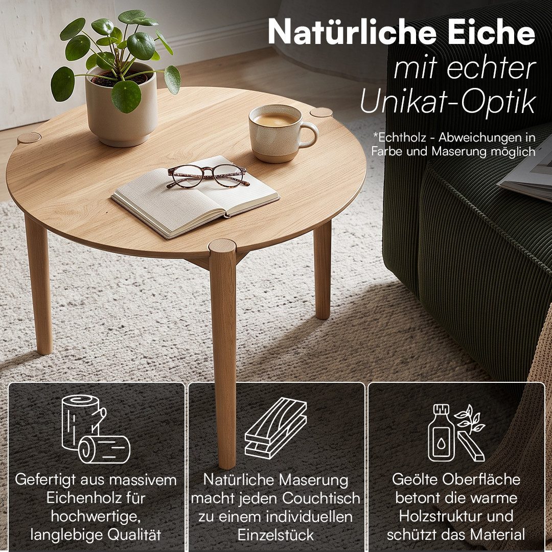 skølm Couchtisch Åsarna aus Eiche Massivholz (55 cm, geölt & lackiert), natur, bis 10kg belastbar, Beistelltisch rund, Sofatisch mit 3 Beinen