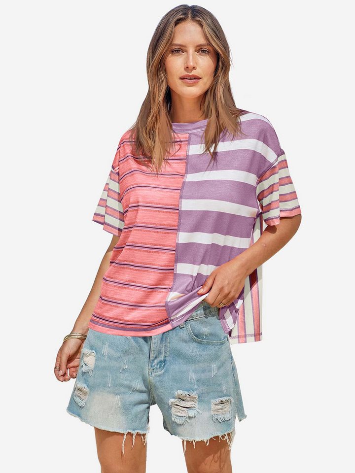 Imily Bela T-Shirt Damen gestreiftes Mehrfarb-Shirt (Packung, 1-tlg., 1per-Pack) Seitenschlitze