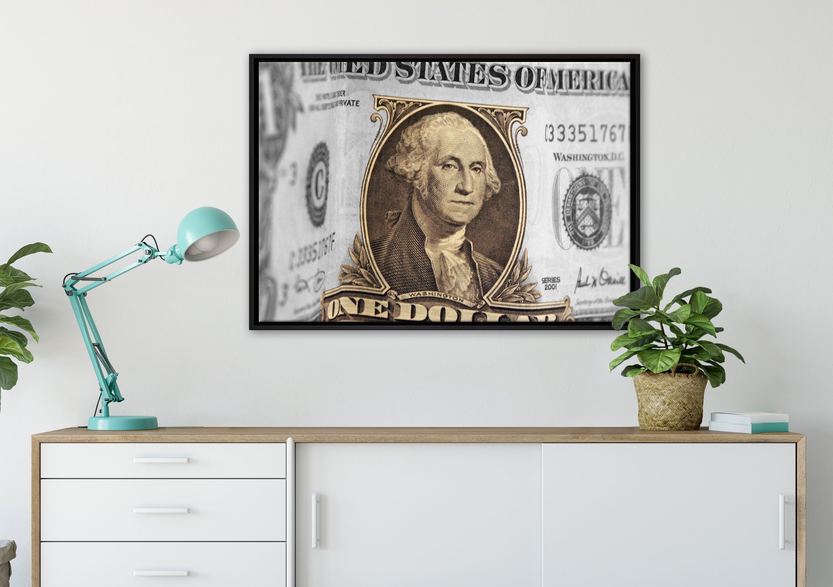 Pixxprint Leinwandbild Washington Dollarschein, Wanddekoration (1 St), Leinwandbild fertig bespannt, in einem Schattenfugen-Bilderrahmen gefasst, inkl. Zackenaufhänger