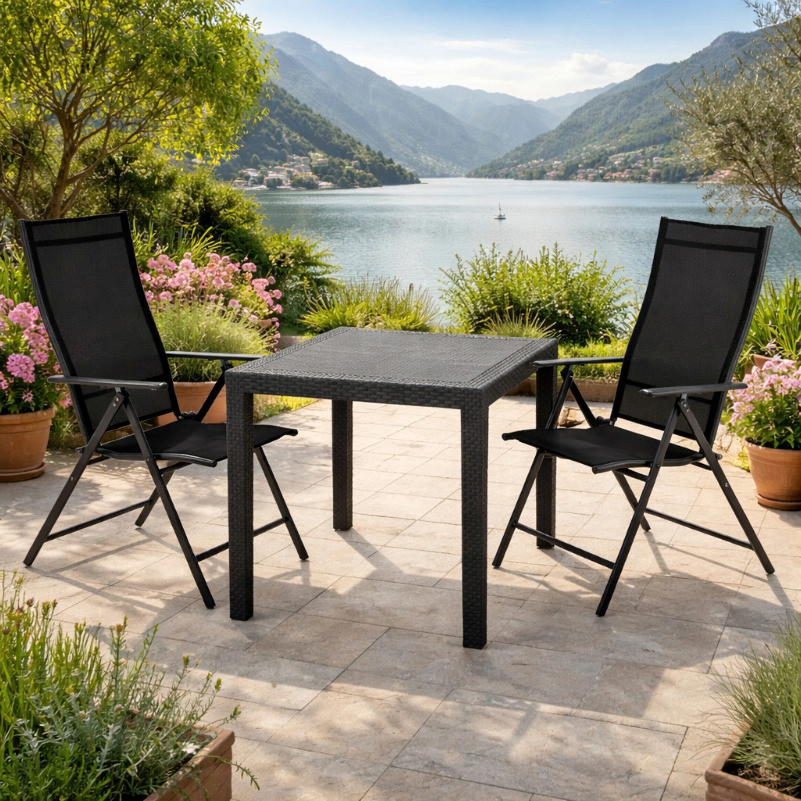 Progarden Garten-Essgruppe Gartenmöbel Sitzgruppe Anthrazit 3 Tlg. Set, (Set, 3-tlg., Tisch + 2 Klappstühle), Gartenmöbel Set, Gartenstuhl, Gartentisch, Möbel, Hochlehner