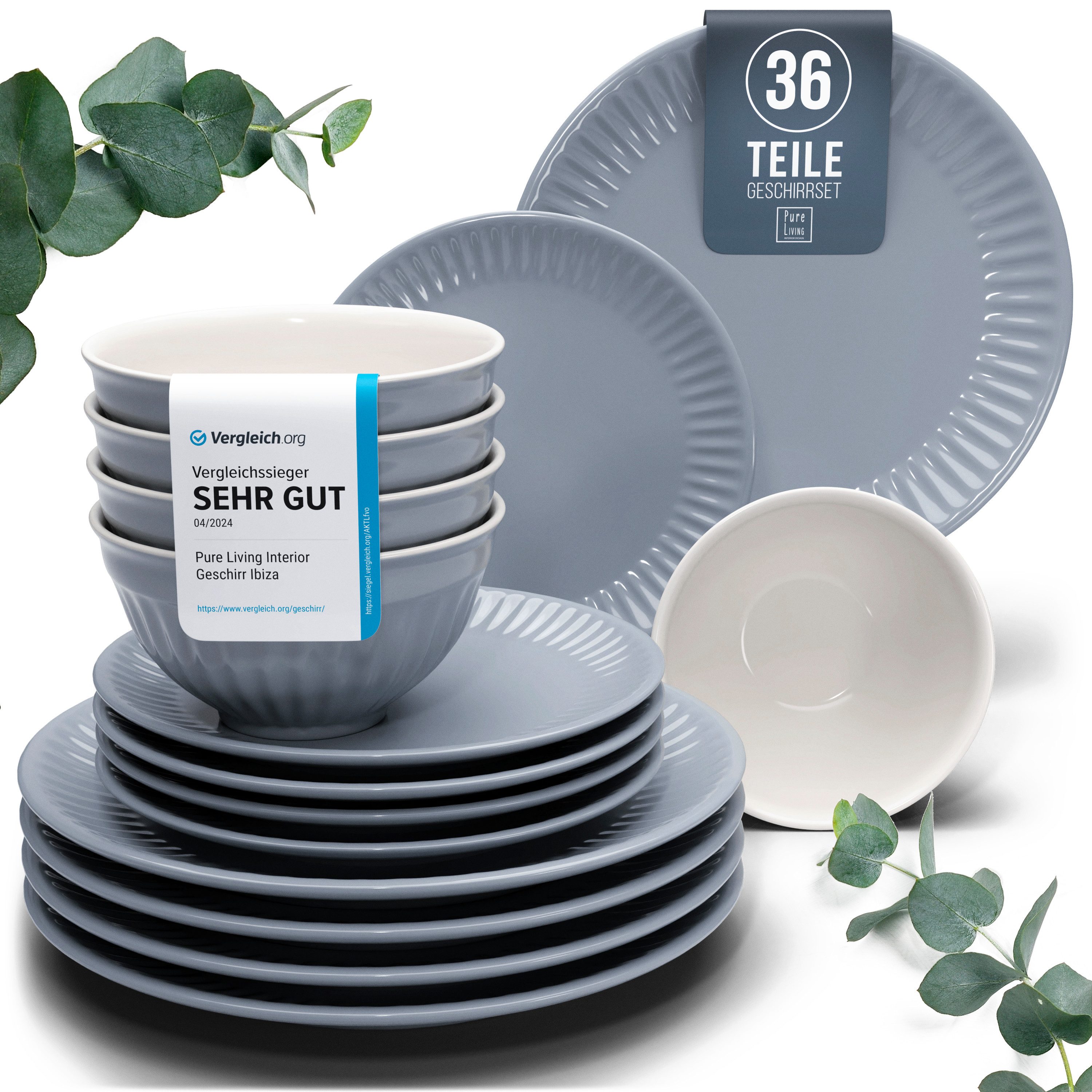 PURE LIVING INTERIOR DESIGN Geschirr-Set Pure Living »Hygge« (36-tlg), 12 Personen, Steingut Graublau, 12 Personen, Steingut, Skandinavisches Design mit Riffelstruktur, Harmonische Farbgebung, Ma…