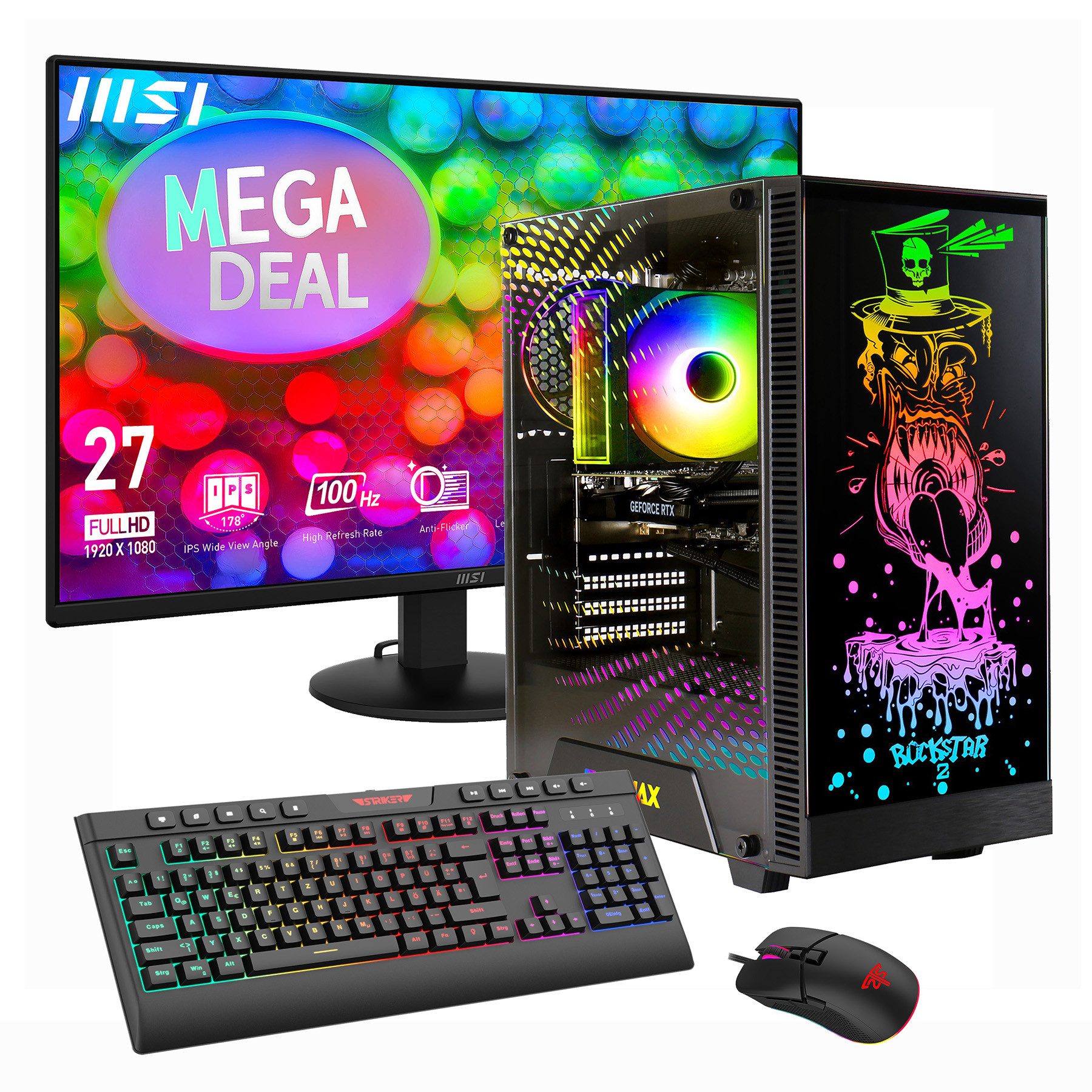 GAMEMAX MegaDeal Rockstar 2821 AMD Ryzen 5 5500 16GB 480GB SSD RTX 5050 Gaming-PC-Komplettsystem (27", AMD Ryzen 5 5500, RTX 5050, 16 GB RAM, 480 GB SSD, Windows 11 + MSI PRO MP272L LCD-Monitor, 68,6cm (27)