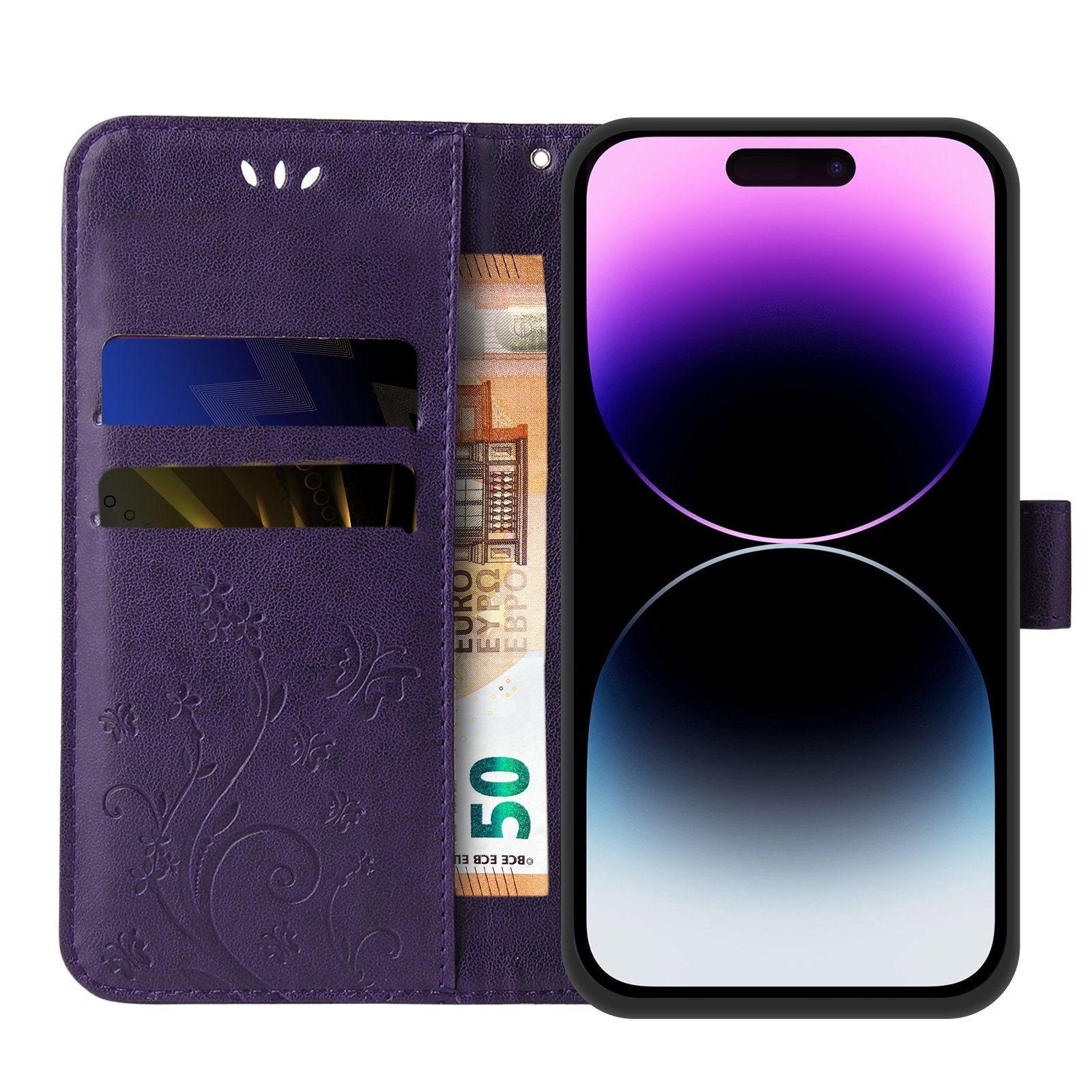 Tec-Expert Handyhülle Cover Tasche Hülle für Apple iPhone 14 Pro Max 6,7 Zoll, Klapphülle Case mit Kartenfach Fliphülle aufstellbar, Motiv Blumen