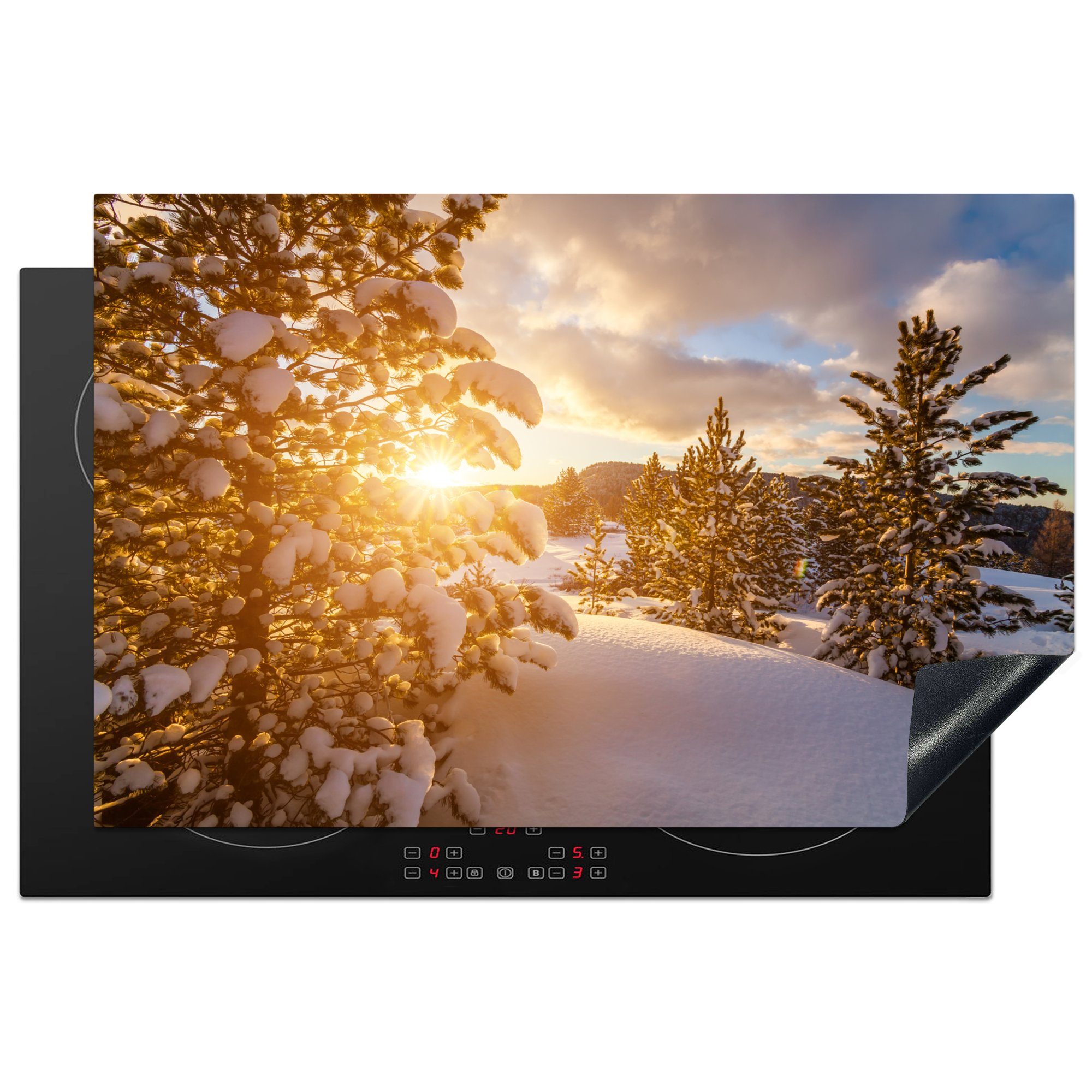 MuchoWow Herdblende-/Abdeckplatte Eine Winterlandschaft bei Sonnenuntergang, Vinyl, (1 tlg), 81x52 cm, Induktionskochfeld Schutz für die küche, Ceranfeldabdeckung