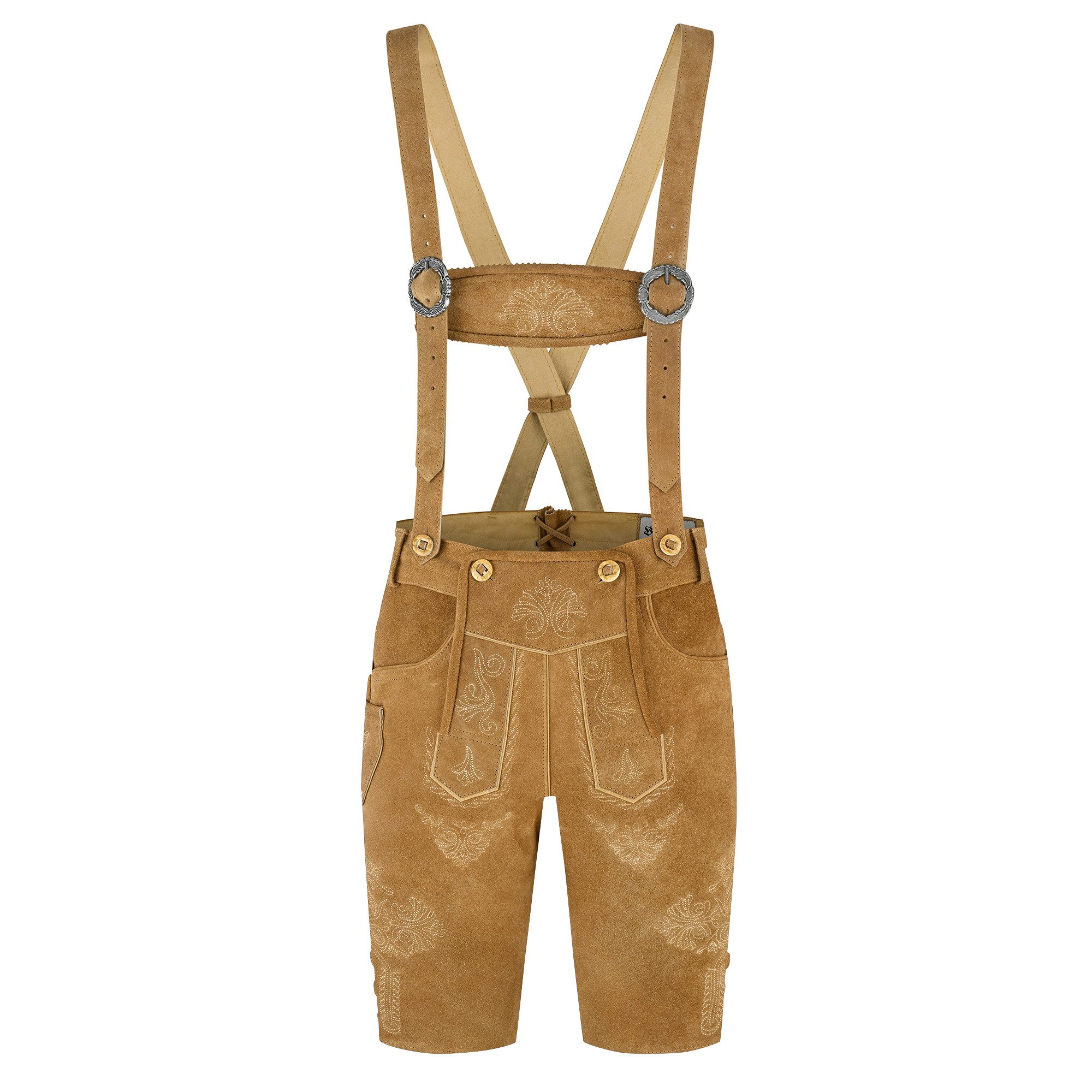 BOHMBERG Trachtenlederhose Damen Lederhose knielang Echtleder mit Hosenträgern Hellbraun
