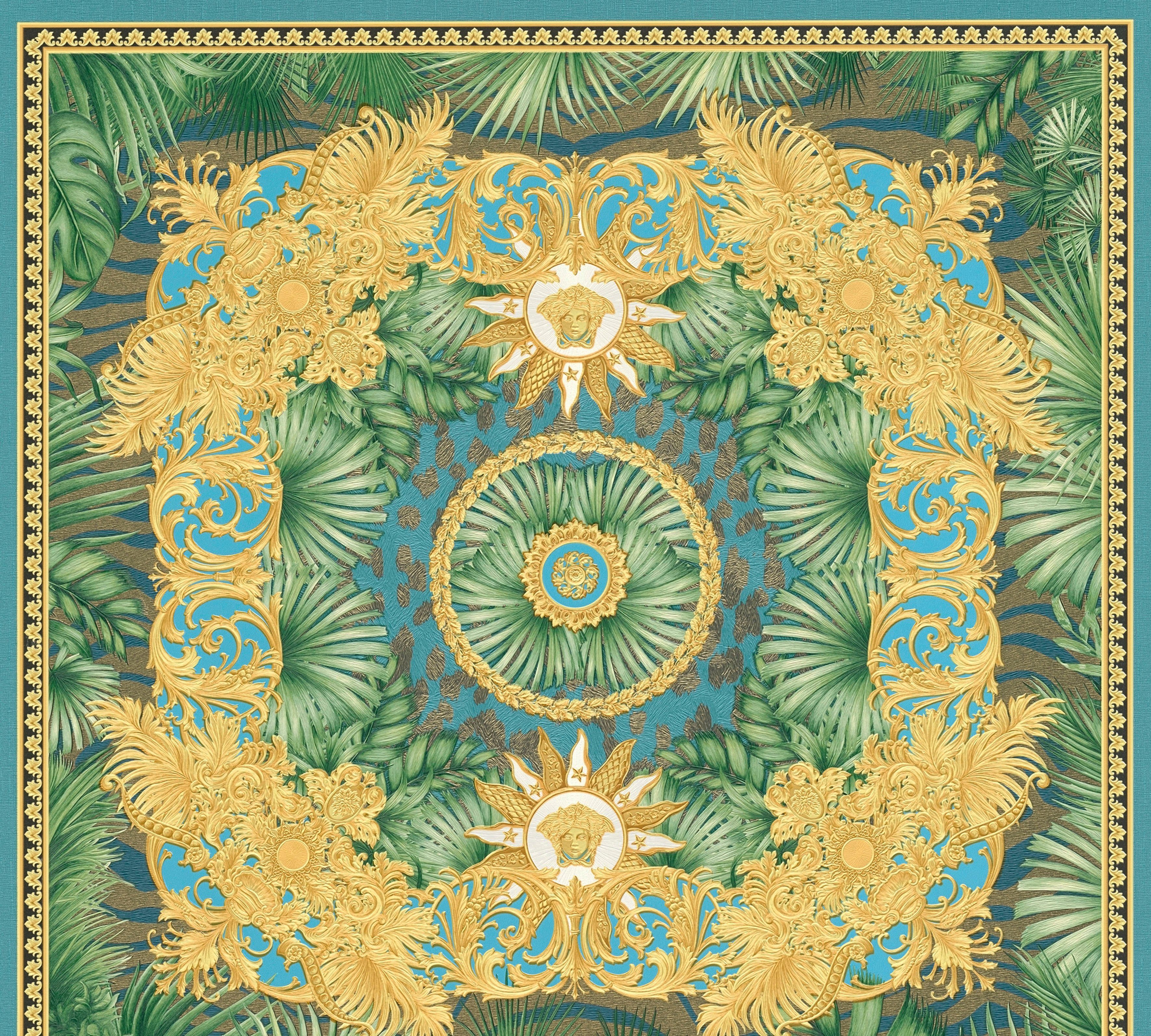 Versace Vliestapete Wallpaper Versace 5 Design, leicht strukturiert, leicht glänzend, (1 St), Dschungel auffallende Fliesen-Tapete blau/goldfarben/grün