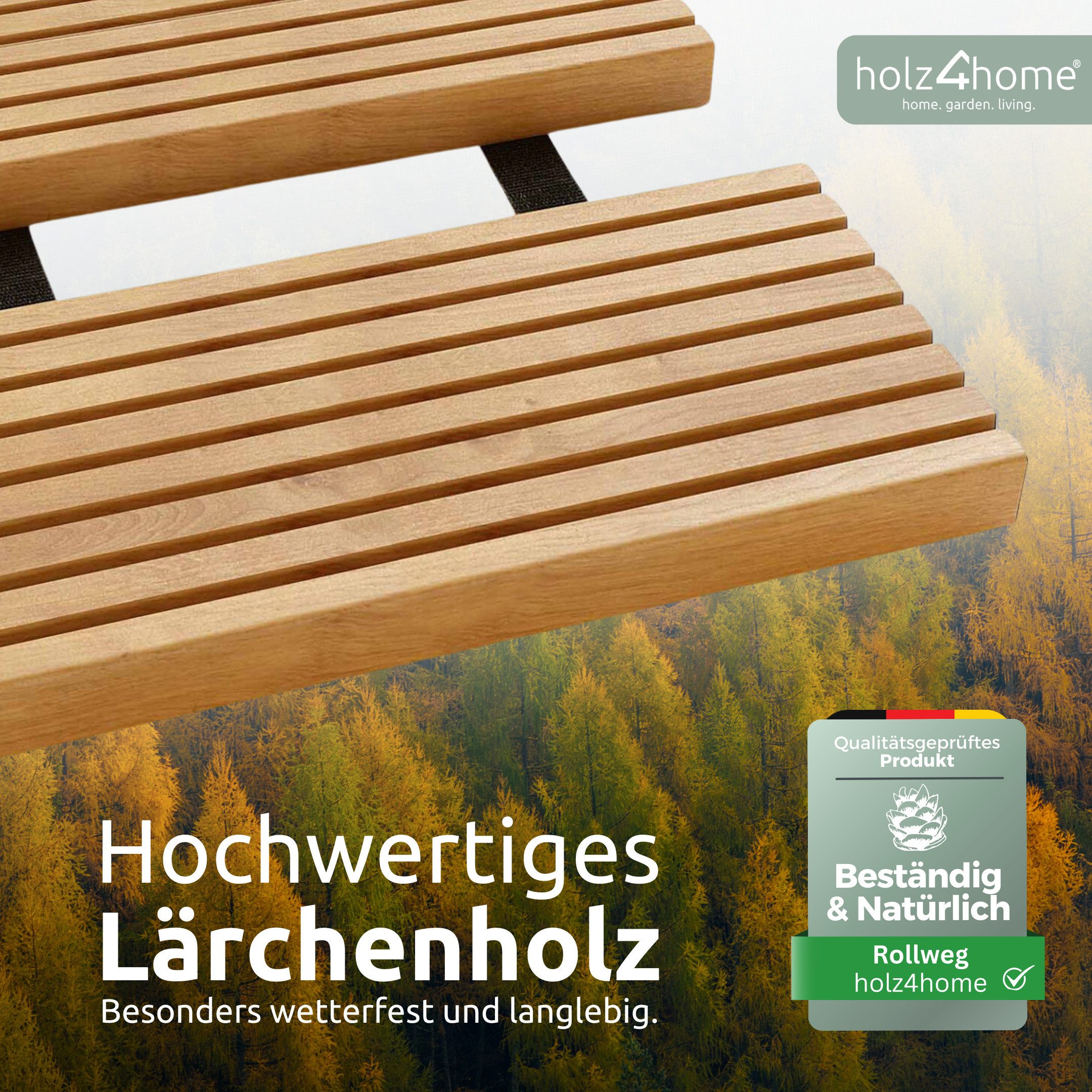 holz4home® Holzfliesen Rollweg aus Lärchenholz I Holzweg Gartenweg zum Ausrollen