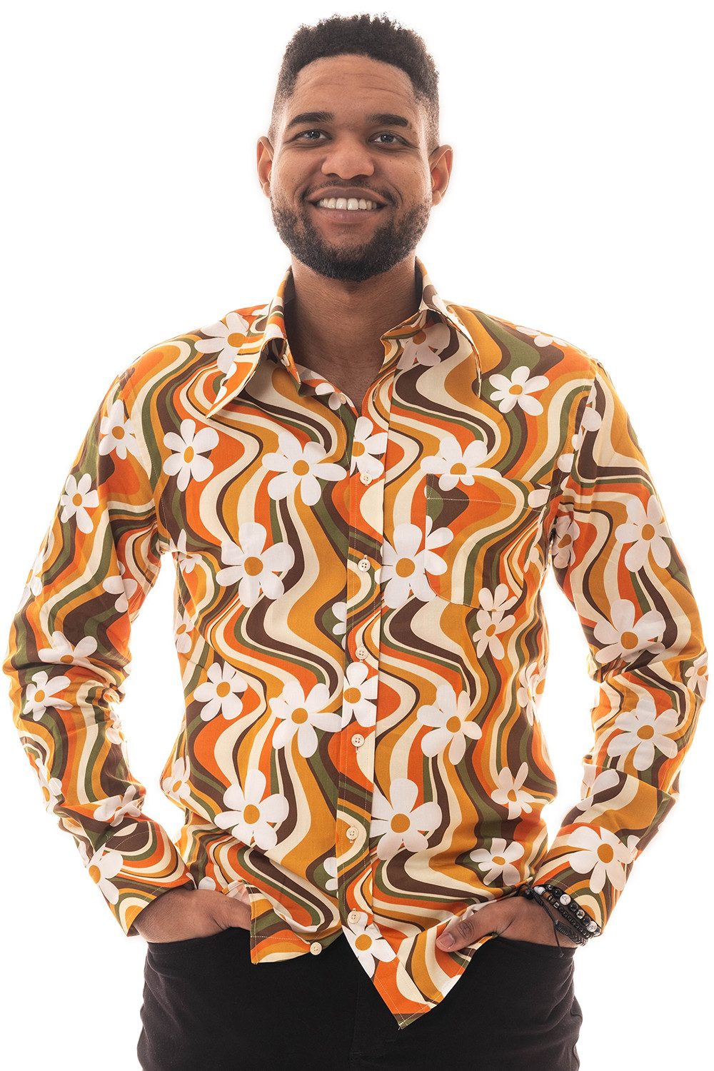 Comycom Langarmhemd Herren 70er Flower Lines mit Blumenmuster