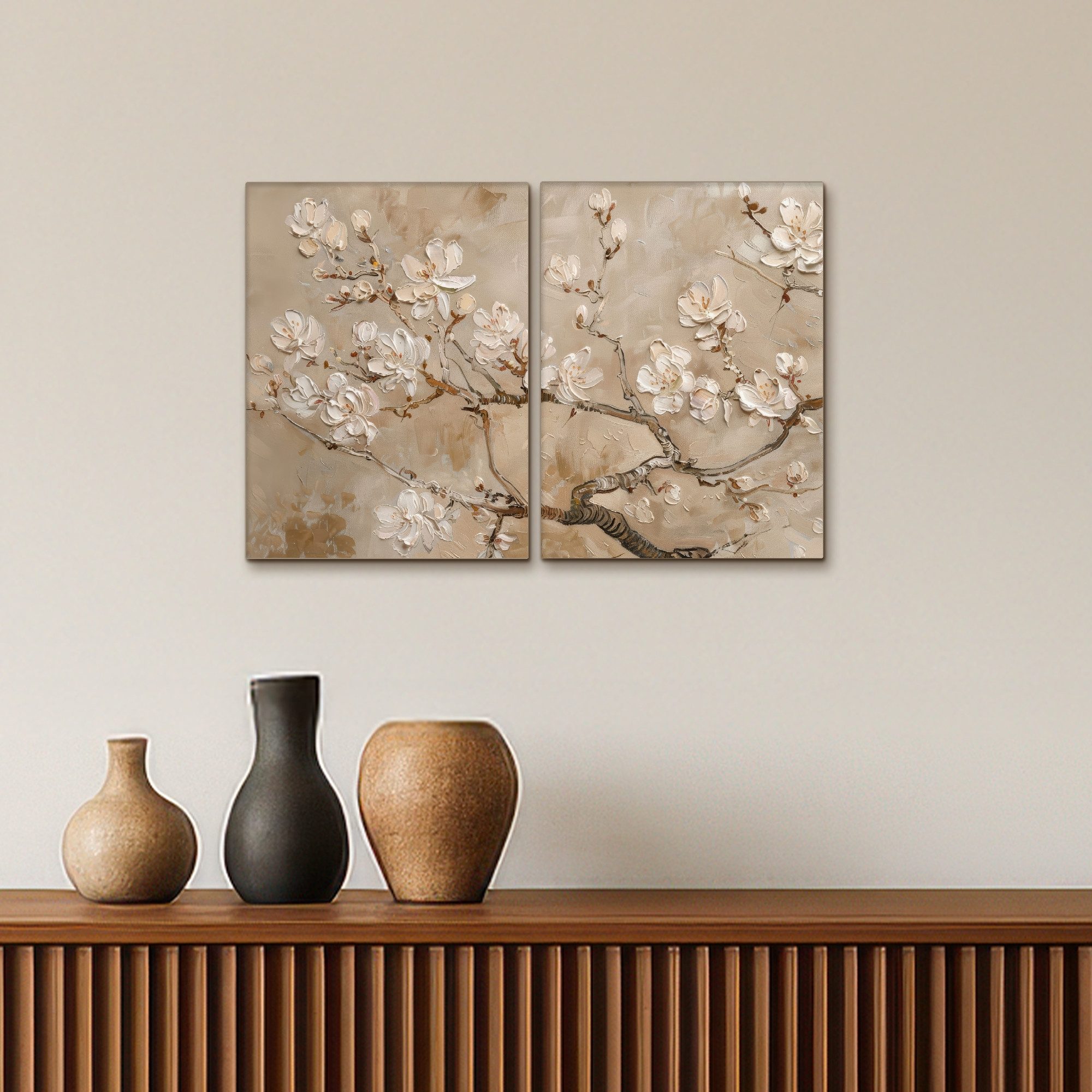 MuchoWow Leinwandbild Beige - Blüte - Modern, Fotodruck (2 St), Wand Bilder 2 Set, Deko Schlafzimmer Wohnzimmer Flur 60x40 cm – Bild 5 von 5