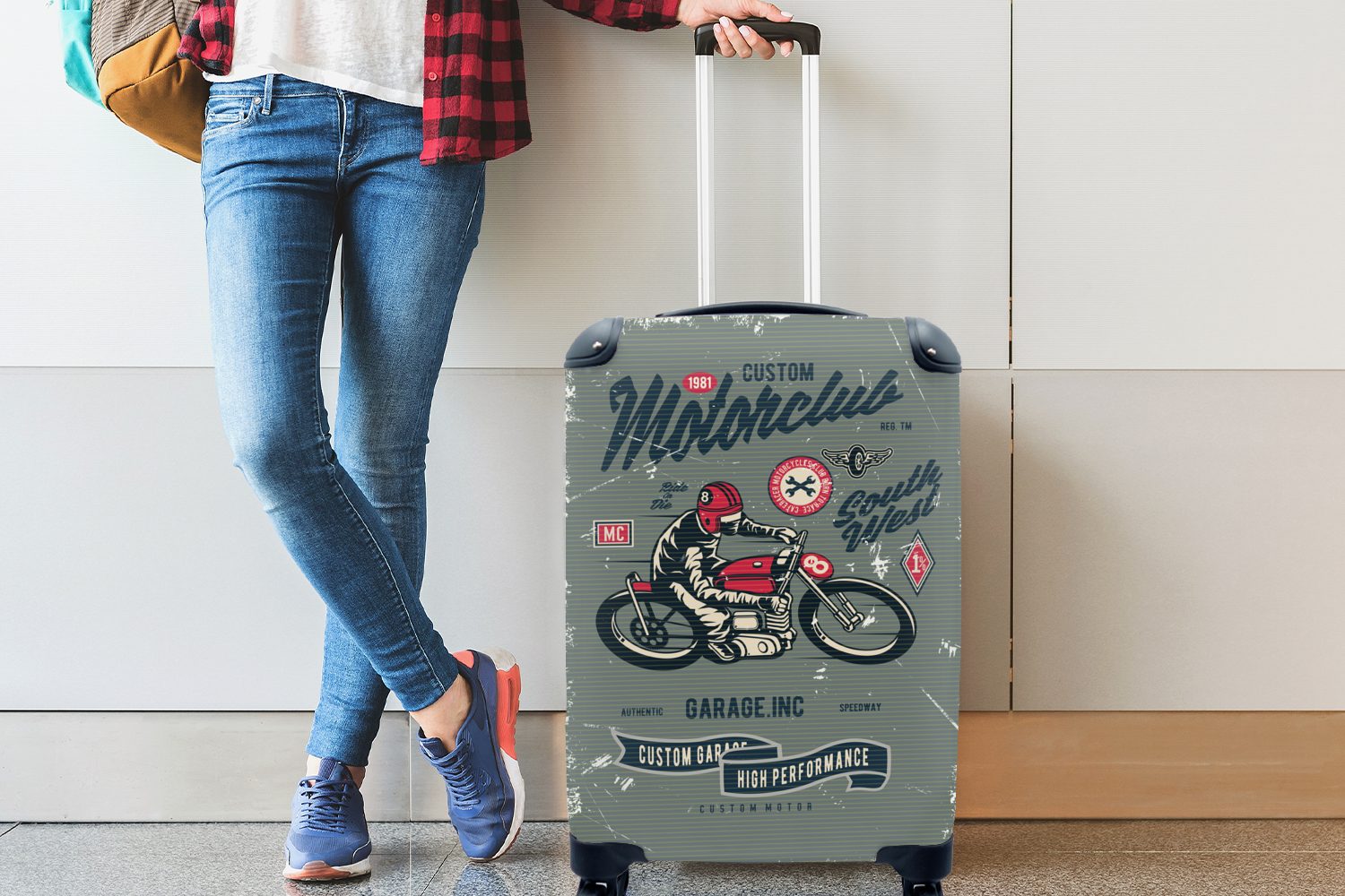 MuchoWow 4 Sport - Handgepäck Ferien, rollen, Zeichnung, Rollen, Retro Reisekoffer Trolley, - mit Handgepäckkoffer - Motorrad für Reisetasche