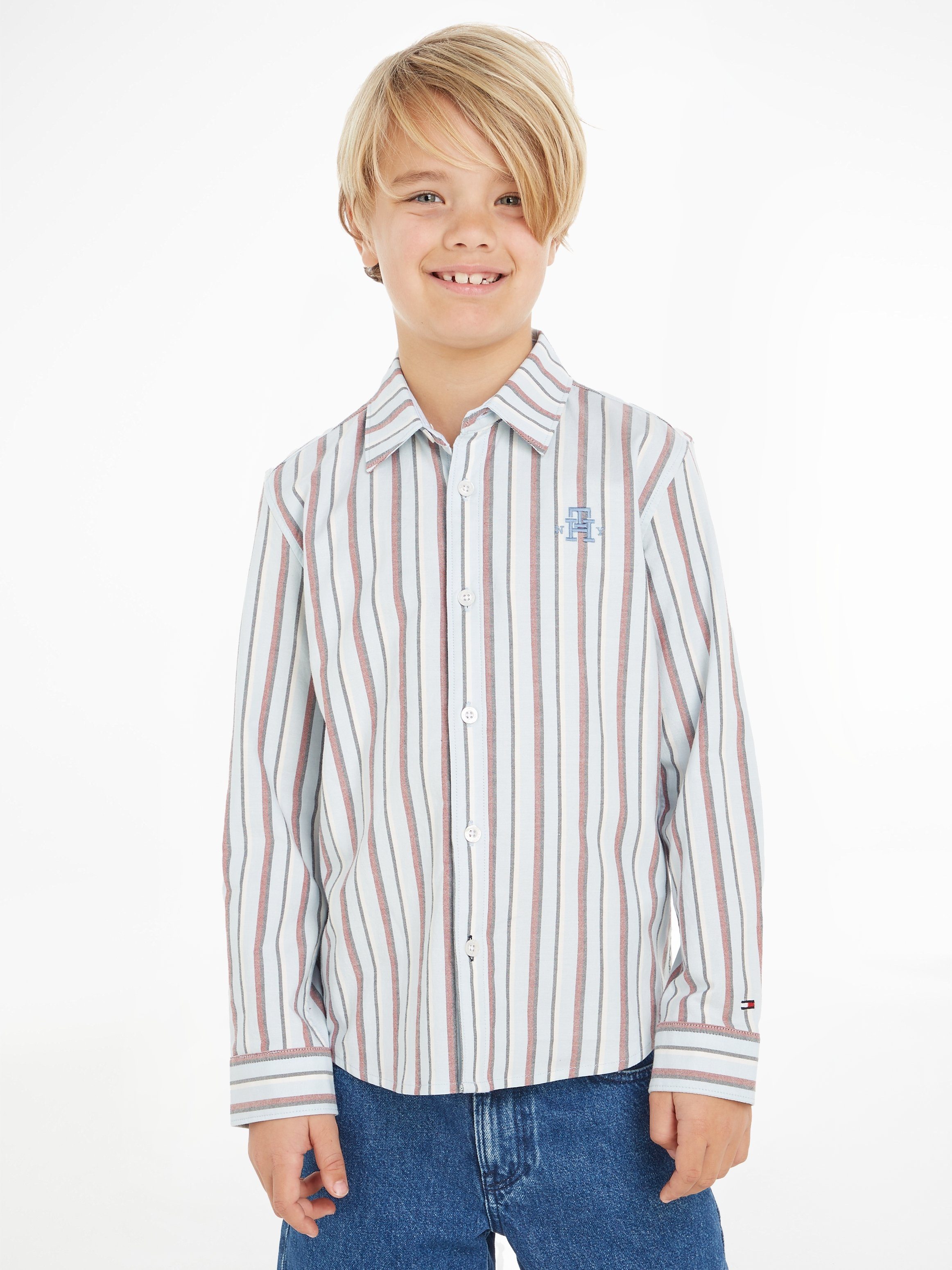 Tommy Hilfiger Langarmhemd SPLIT GLOBAL STRIPE SHIRT mit modischer Label-Stickerei