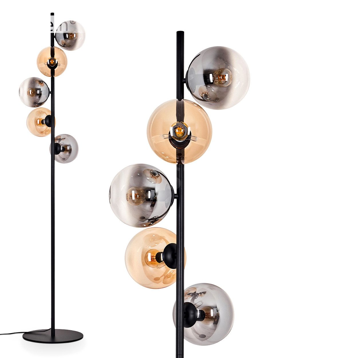 Stehlampe Stehlampe aus Metall/Glas in Schwarz/Rauchfarben/Bernstein/Klar