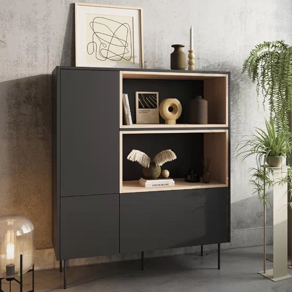 Lomadox Highboard DELFT-141, in schwarz und Eiche, 120 cm breit, grifflos