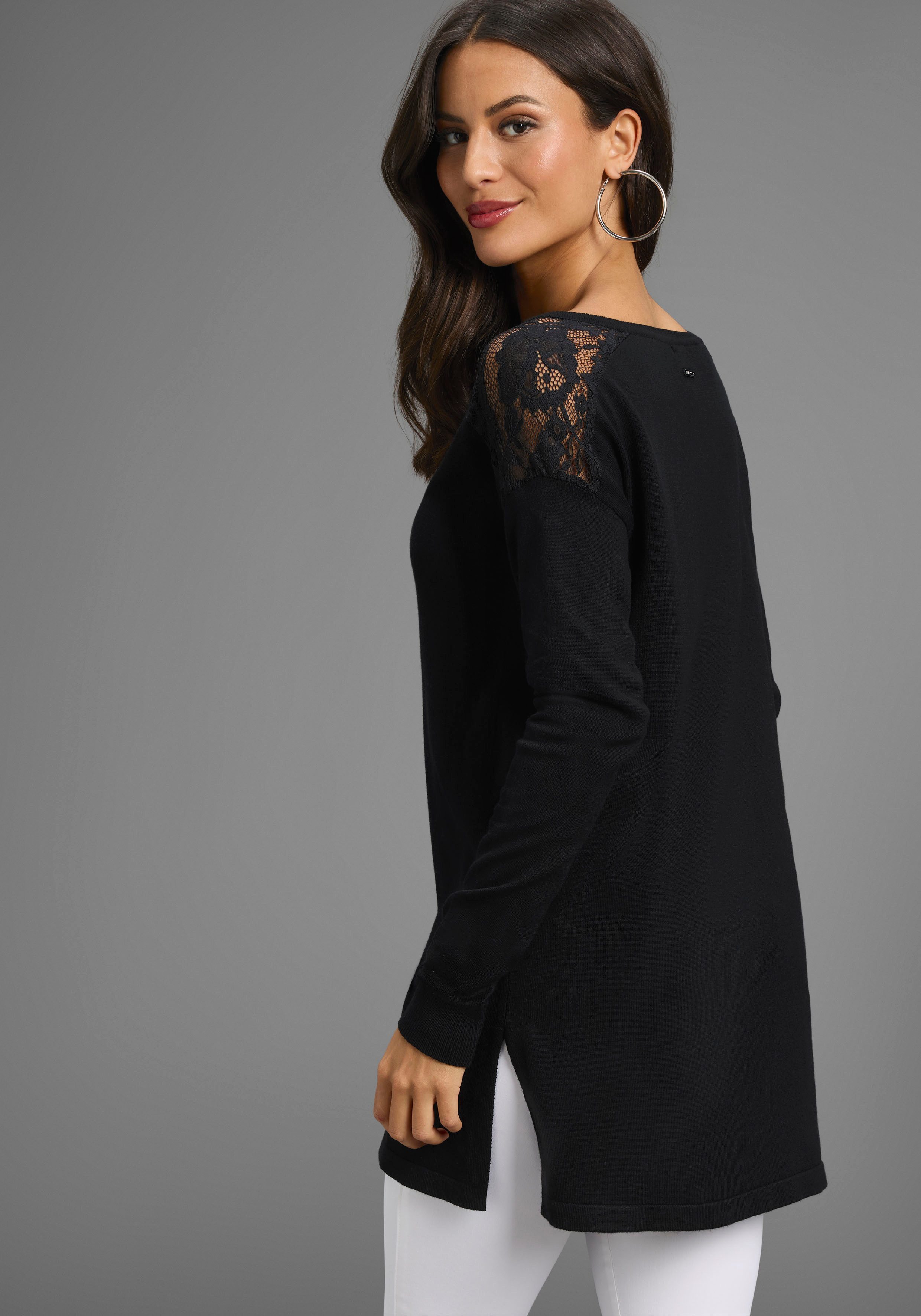 Laura Scott Longpullover Feinstrickpullover mit Spitzendetails und Schlitze günstig online kaufen