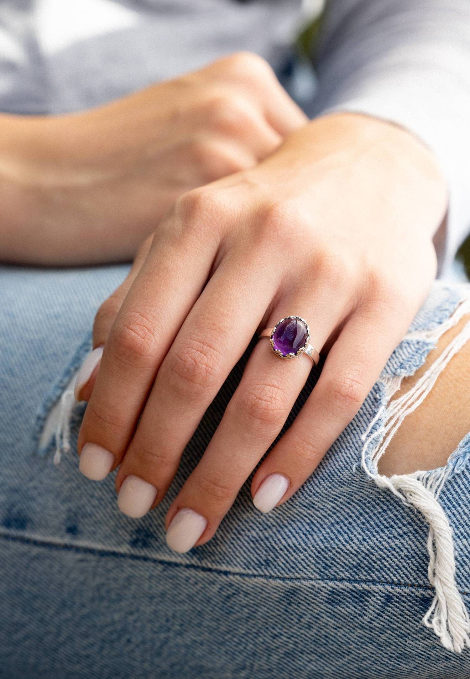 mantraroma Silberring NAPULO aus 925 Silber mit Amethyst (Ring mit Schmuckbeutel), Damenring aus 925er Silber