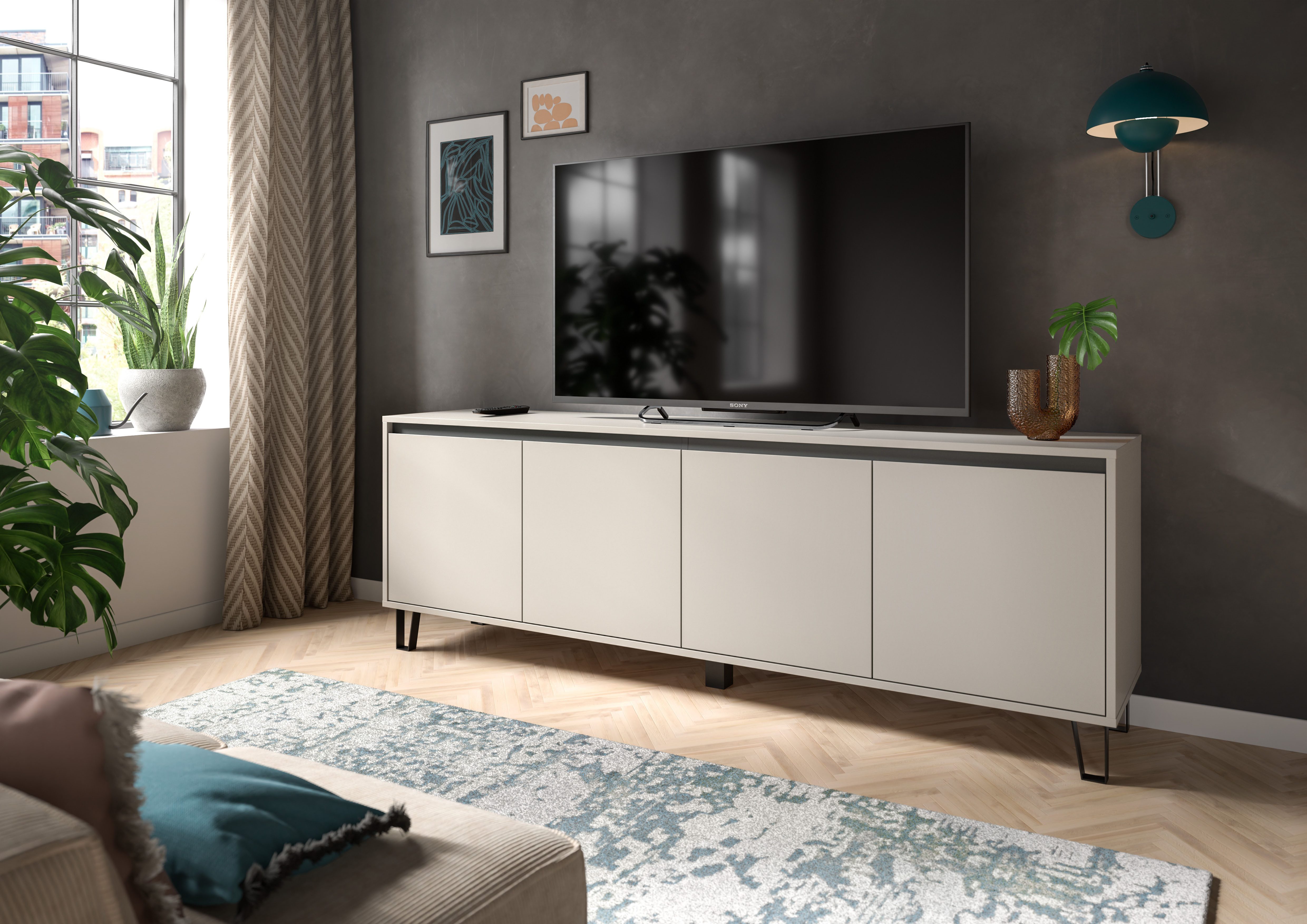 Home affaire Lowboard BALTIC, Breite 184cm, grifflose Fronten, Metall-Füße,4 Türen, 4 Fächer, TV-Möbel, TV-Schrank, TV-Lowboard, Mediaboard