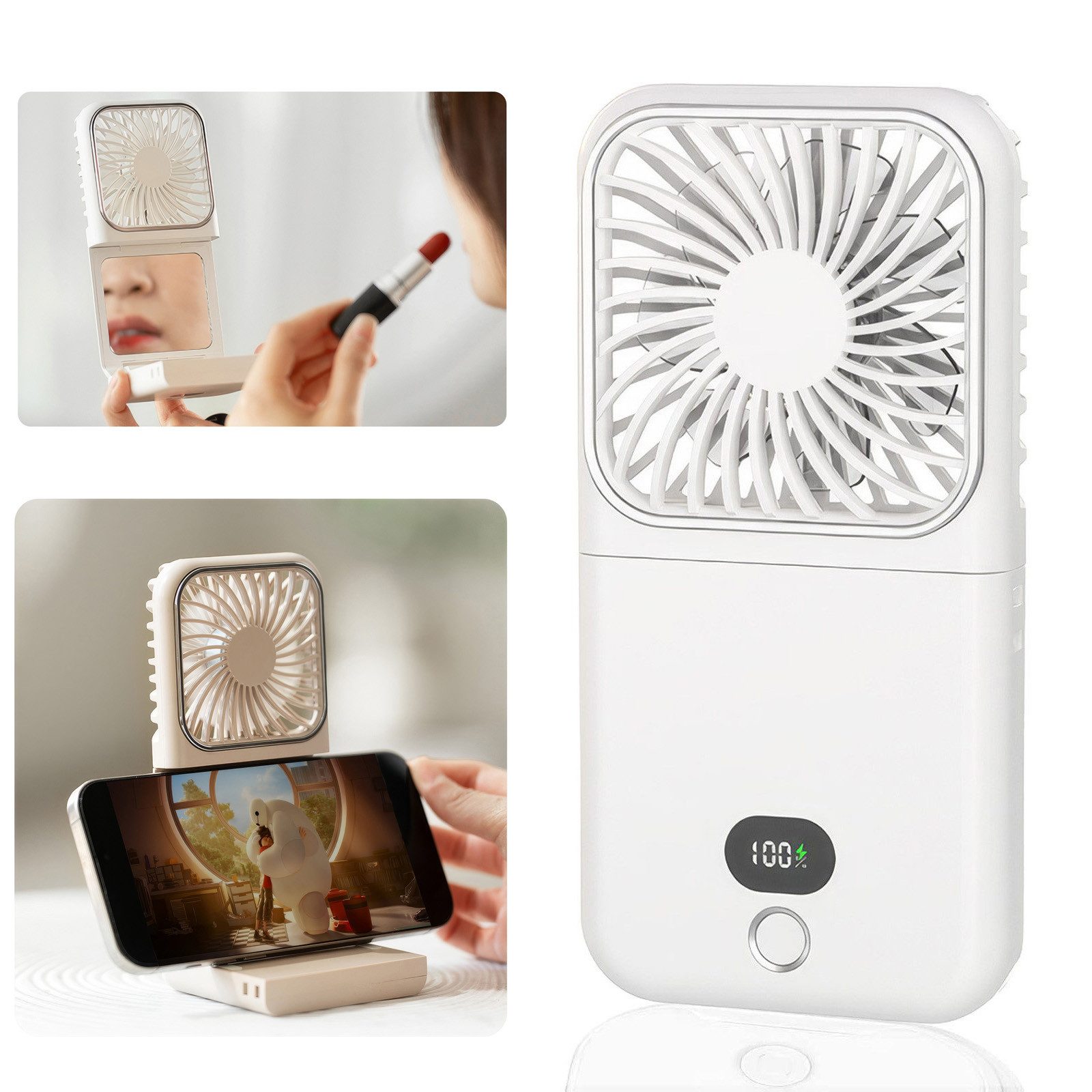 Handventilator Mini Ventilator USB, Leise Ventilator mit Spiegel, Wiederaufladbarer