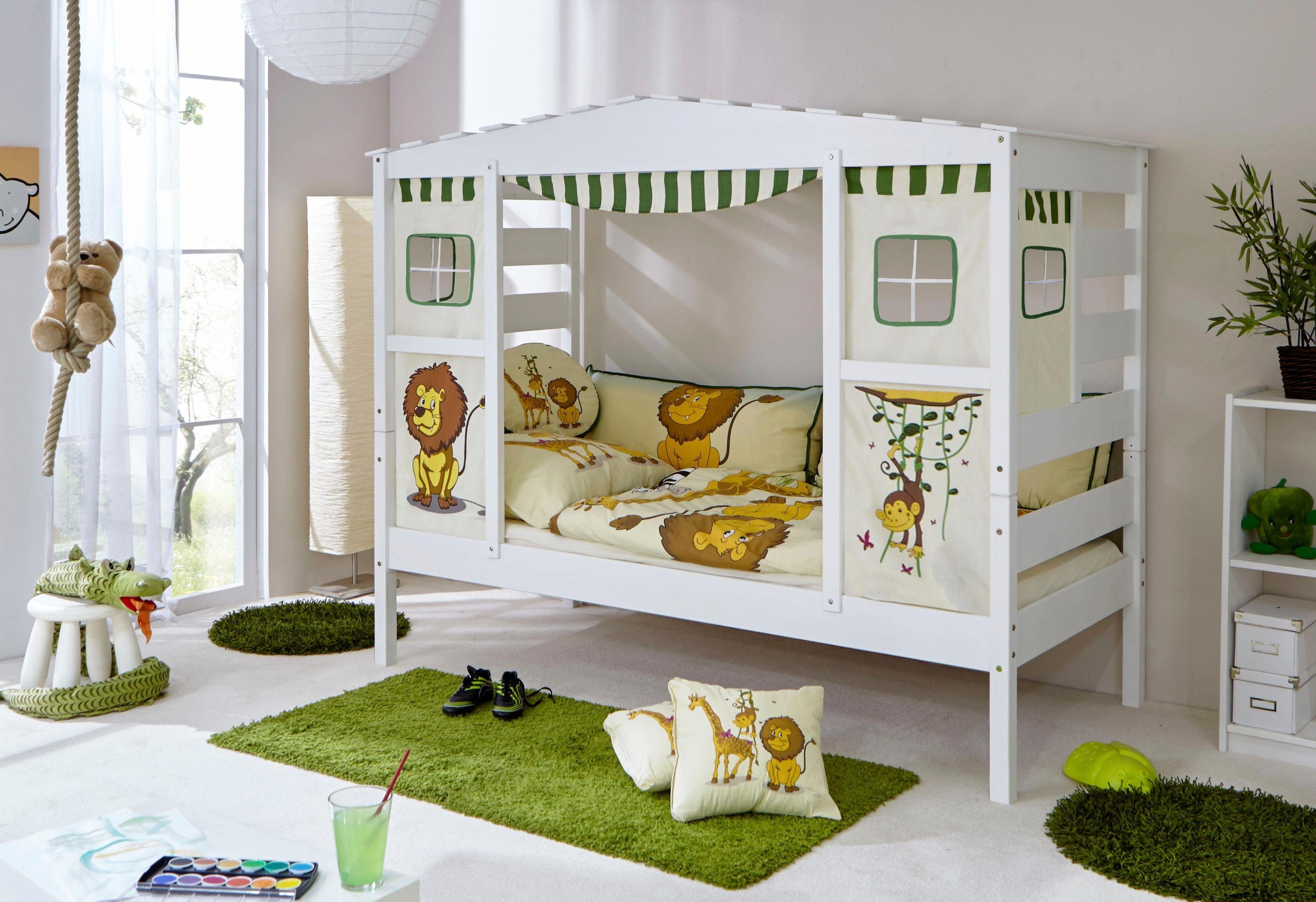 gewachst-Textil-Set Kinderbett Hausbett Lio, Kiefer Ticaa massiv weiß »Safari«