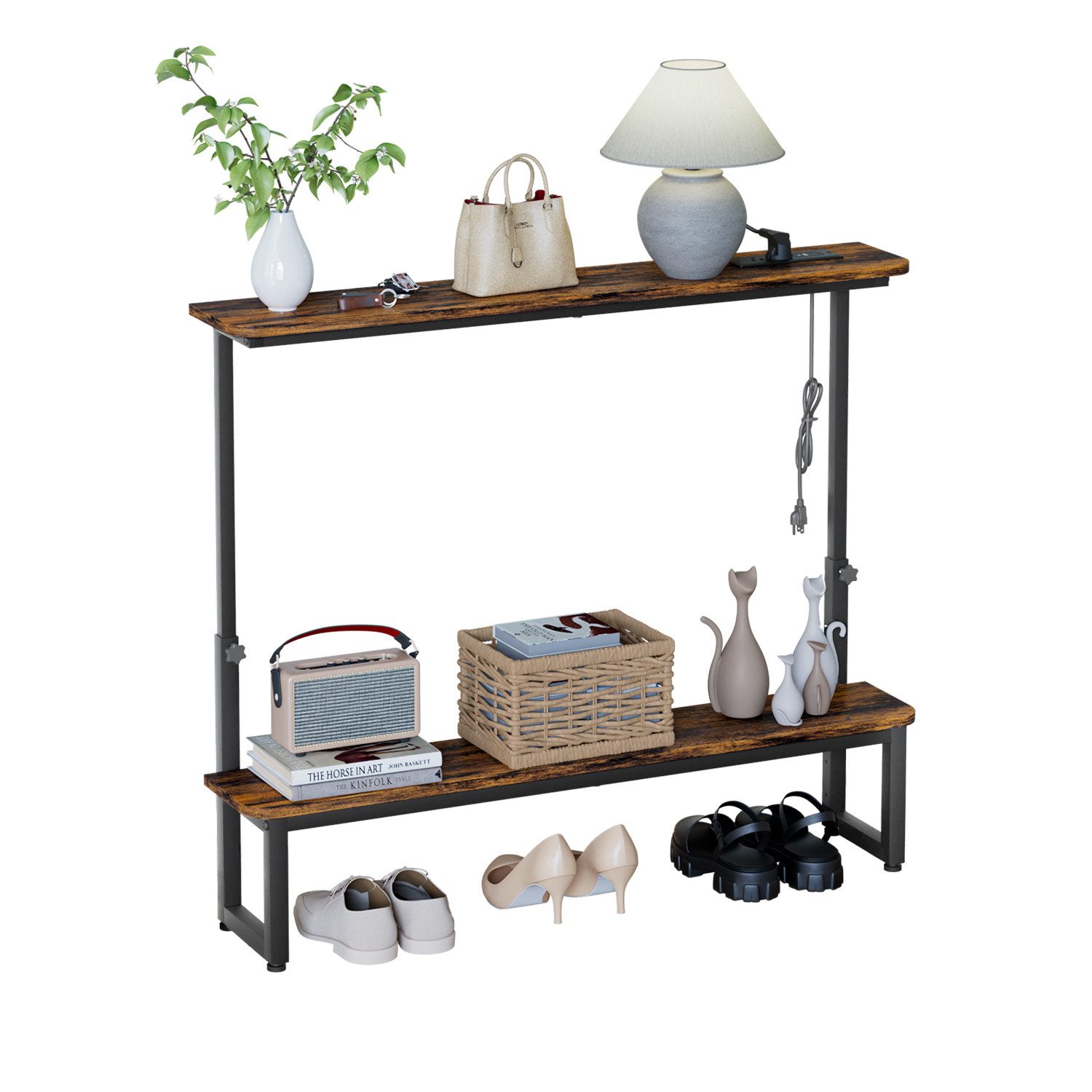 Yorbay Konsolentisch mit 2 Ablagen & integrierten Steckdosen,Höhenverstellbarer Sofatisch (100x18x63/88 cm), Kompakte Anrichte mit USB-Ports für Flur, Wohnzimmer, Büro
