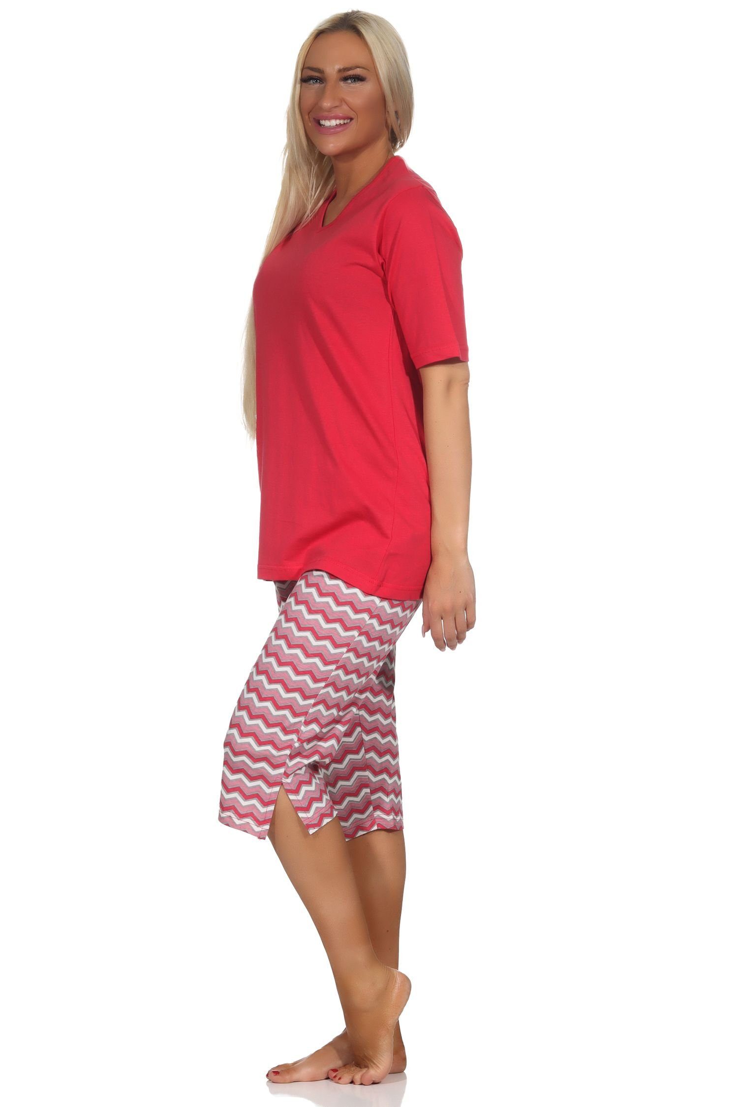 Capri Damen Pyjama Shorts, im rot Pyjama Ethno-Style 3/4 Capri Schlafanzug Normann mit