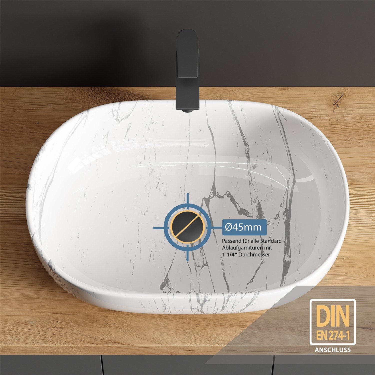 Planetmöbel Aufsatzwaschbecken Aquil Deluxe Badezimmer Waschbecken 60 cm oval für Waschtisch – Bild 4 von 5