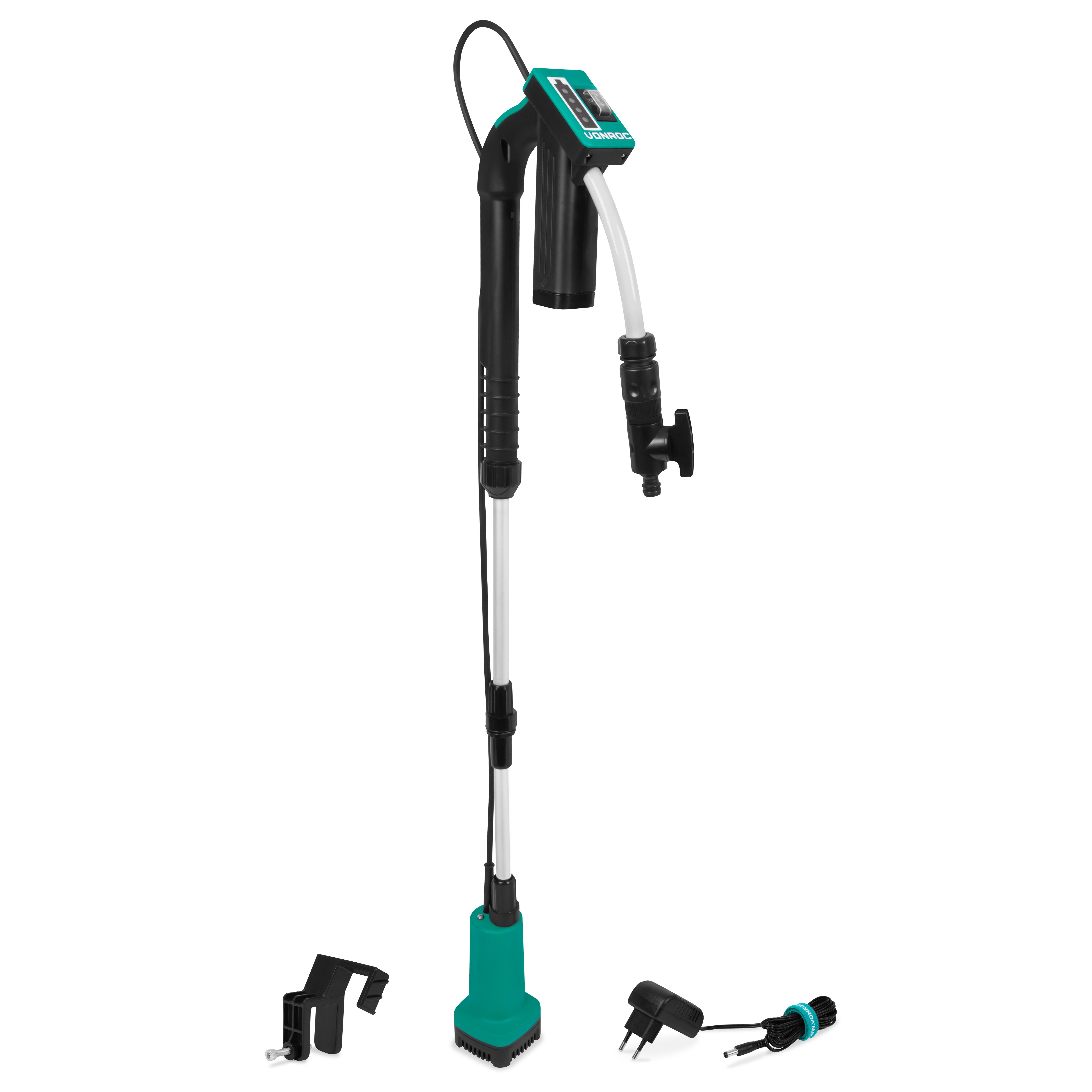 VONROC Regenfasspumpe Tauchpumpe für Regenwassertonne (12V - 50W - 1500 l/h - Trockenlaufschutz), Universal-Schlauchkupplung - Inklusive Akku und Ladegerät