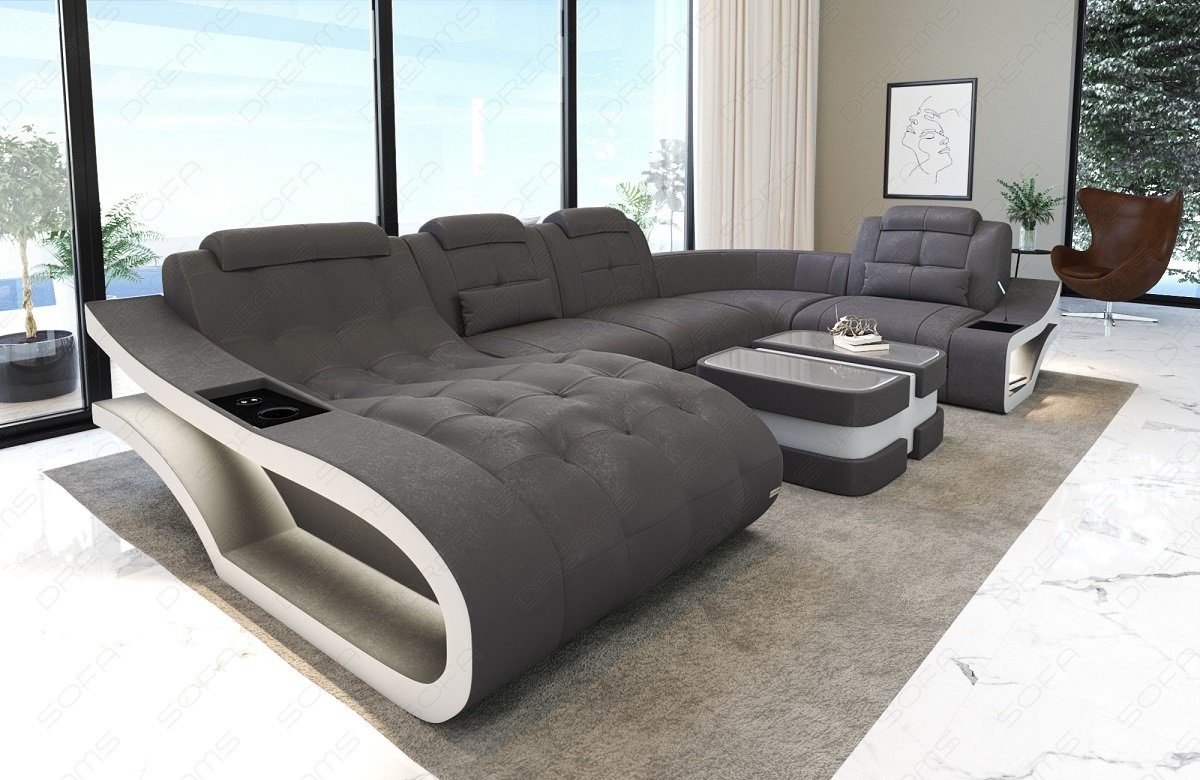 A taupe-weiß Sofa Sofa Polster Couch, Form Dreams Stoffsofa Bettfunktion wahlweise Stoff Wohnlandschaft mit U - Elegante