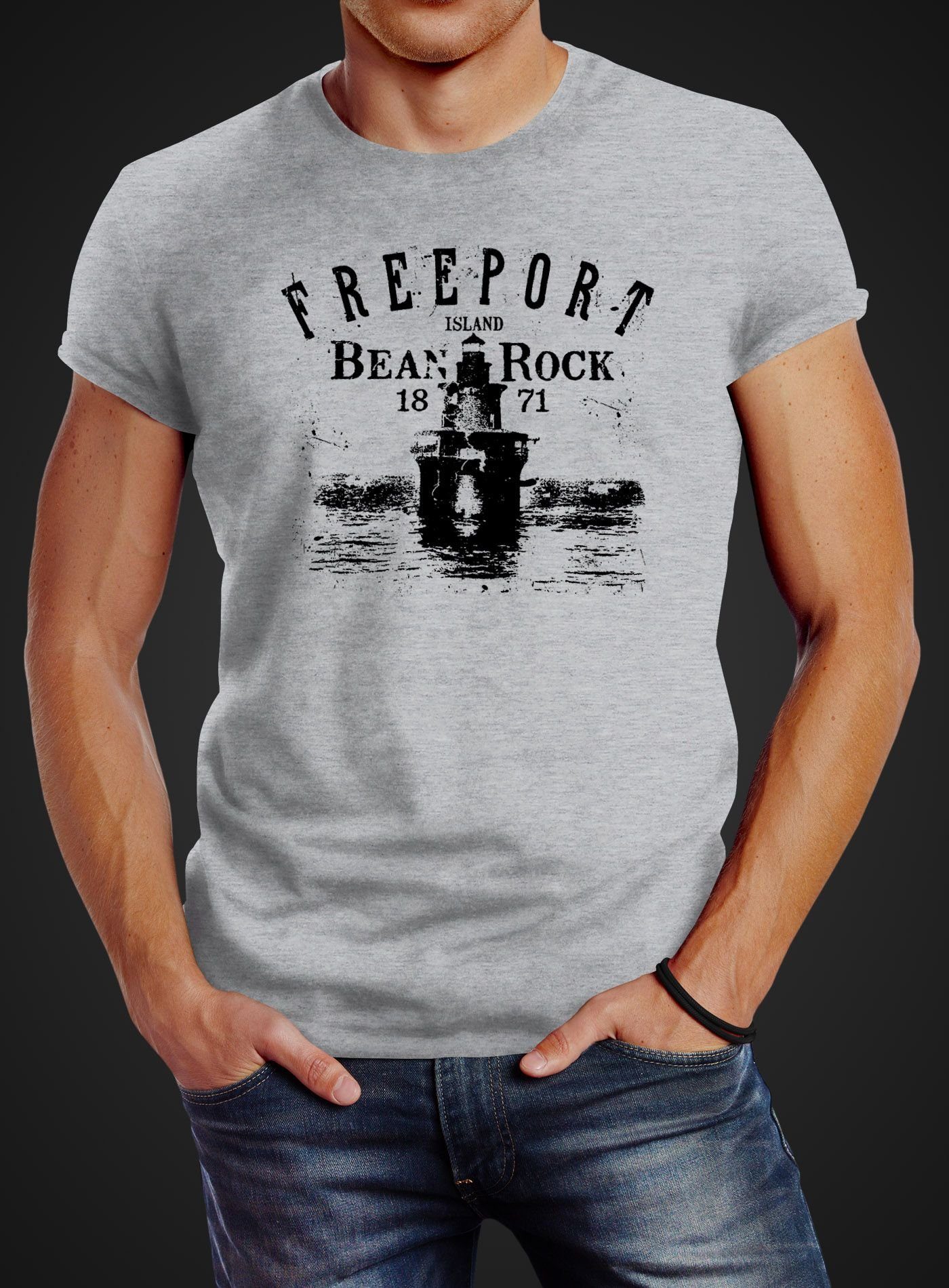 Freeport T-Shirt Streetstyle Retro grau Fashion Motiv Herren Island Print mit Neverless Print-Shirt Schriftzug Print Leuchturm Neverless®