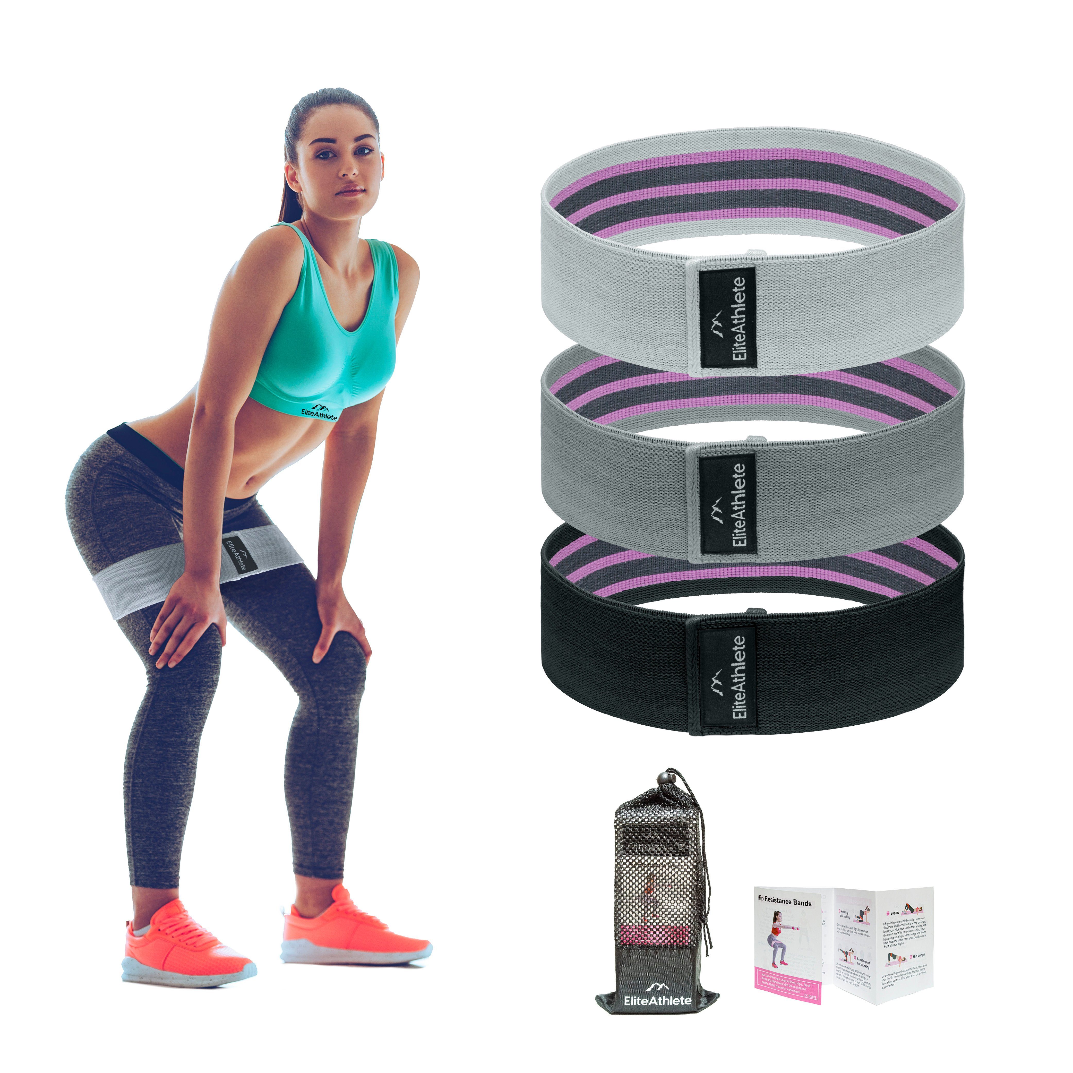 EliteAthlete Gymnastikband EliteAthlete® Fitnessbänder Set - Fitnessband - Premium Widerstandsbänder - Gymnastikband für Beine Fitness Krafttraining - Resistance Bands aus Stoff 3er Set inkl. Tragetasche